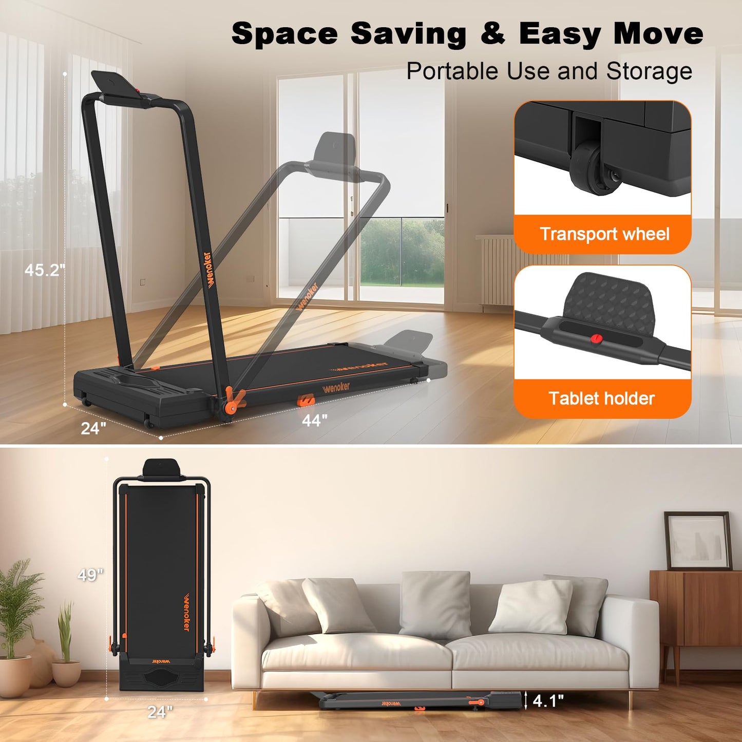 Walking Pad Treadmill, Wenoker Under Desk Treadmill with Handle Bar, Portable Foldable Walking Pad for Home/Office, 3 in 1 Folding Compact Desk Treadmill with Remote Control, Free Installation,300 Lbs