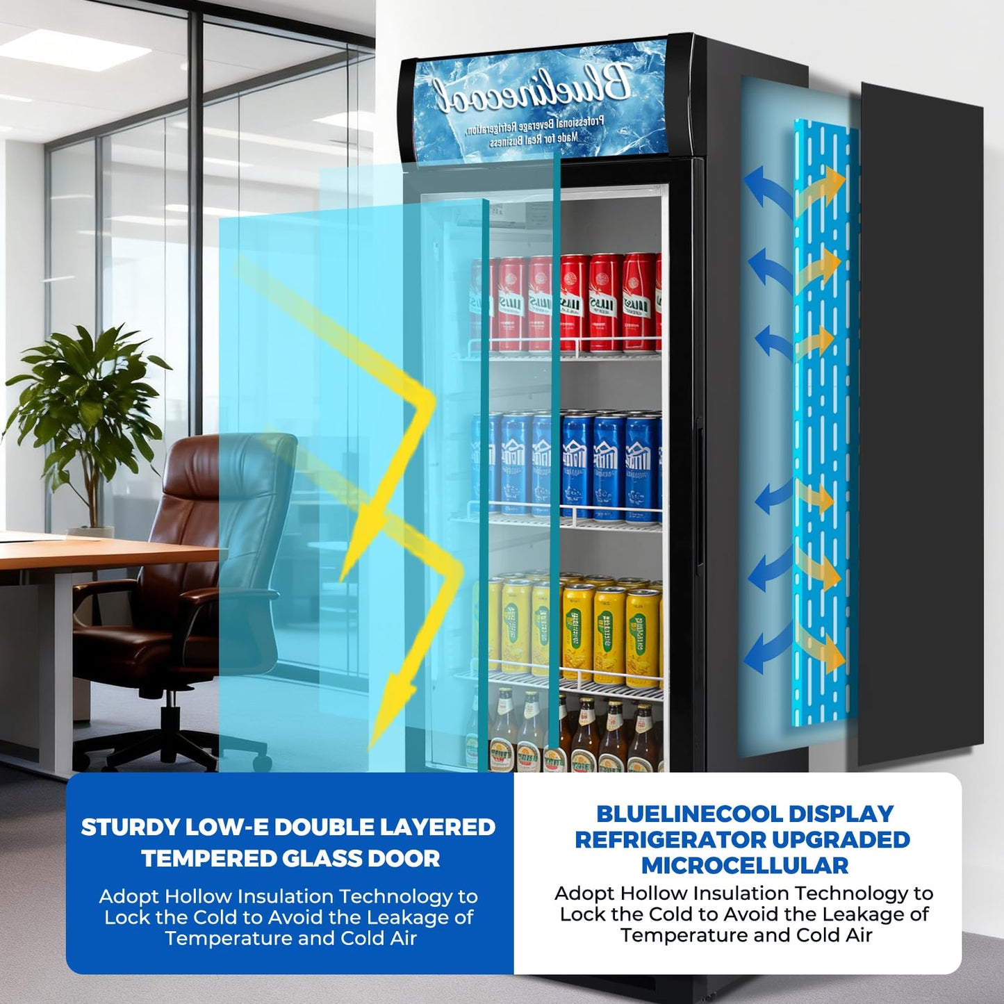 Bluelinecool Commercial Refrigerators 9 Cu.Ft Upright Merchandiser Drink Cooler – Glass Door Beverage Fridge with LED Light, Adjustable Shelves, Lock Wheels – Display Refrigerator for Beer, Bar, Shop