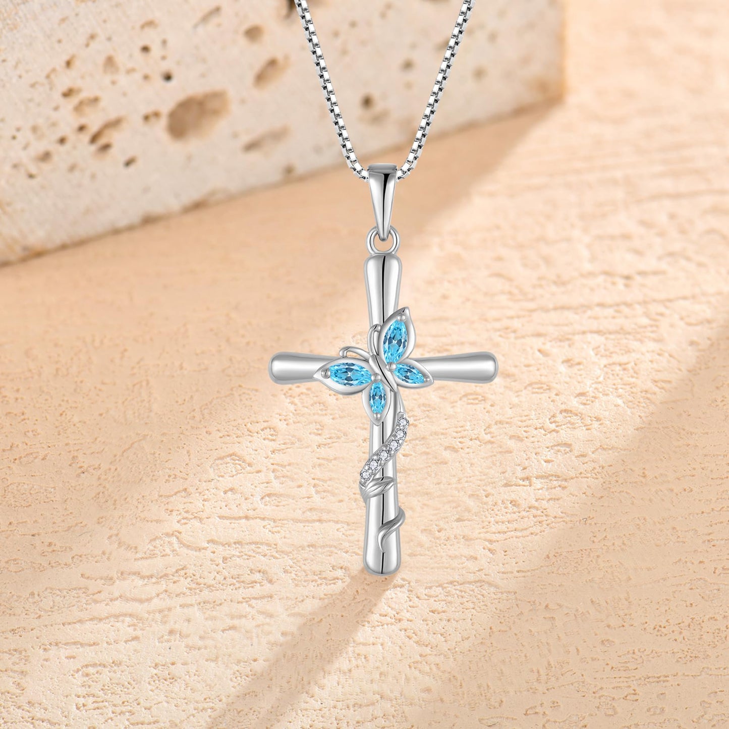 Blaniy Cross Necklace for Women 925 Sterling Silver Butterfly Necklace Aquamarine Pendant Necklaces March Birthstone Jewelry Gifts for Women
