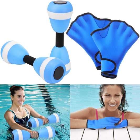 Seenelling Water Aerobics Set for Aquatic Exercise 1 Pair Neoprene Swimming Glove 2 Pcs Foam Aquatic Dumbbells Water Weights Equipment Pool Resistance Fitness Equipment for Training Workouts(Blue)