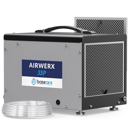 BaseAire Crawlspace Dehumidifier with Pump, Intelligent Dehumidifiers for Commercial, Basement, 70 pints, Compact, Auto Defrost, Memory Starting, Up to 1000 Sq Ft