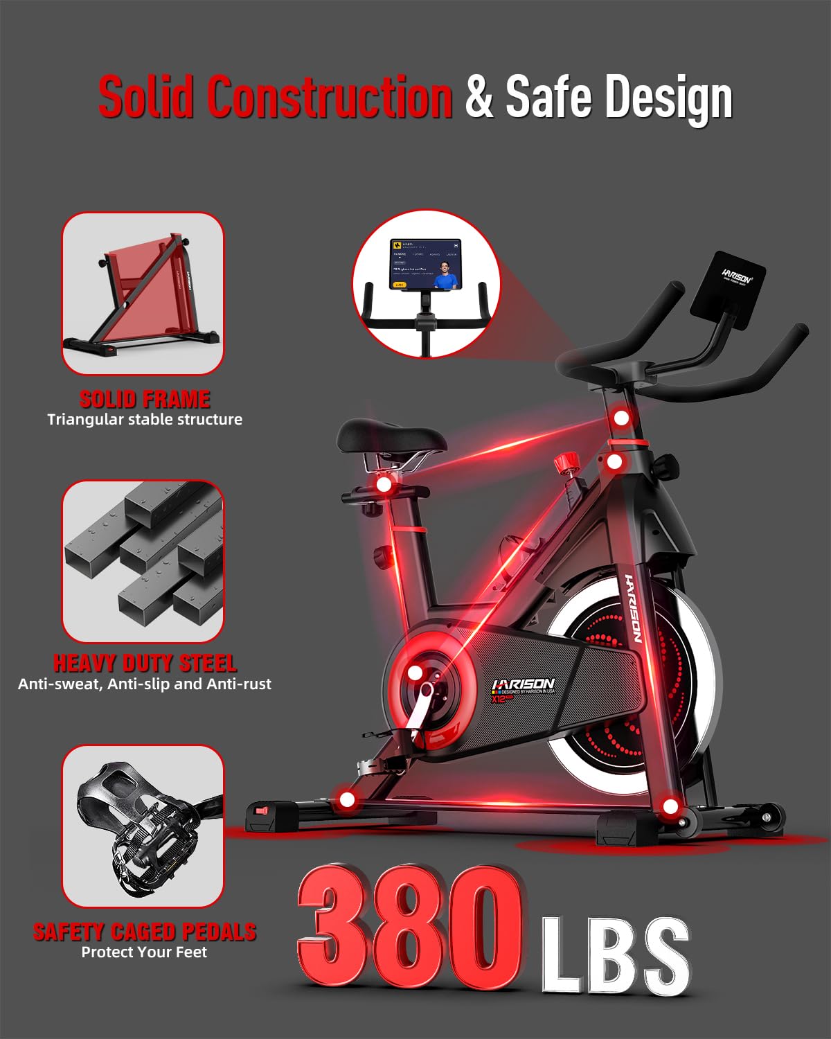 HARISON Exercise Bike, Magnetic Stationary Bike for Home Gym, Adjustable Resistance Quiet Dual-Belt Indoor Cycling Spin Bike with 380lb Capacity, APP Connectivity, Push-to-Stop, 6-Level Handlebar