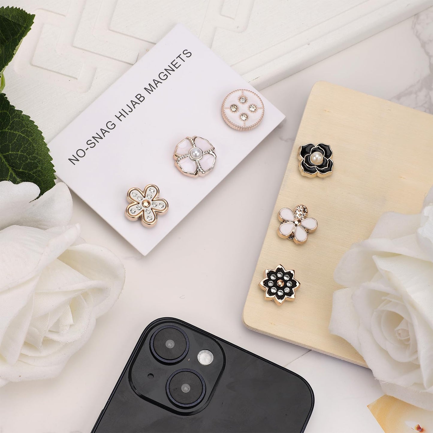 12pcs Magnetic Hijab Pins, Black and White No Snag Hijab Magnets Multipurpose Strong Magnetic Scarf Clip Clasp Buttons Pinless Brooch for Scarves Hats Shirt Collars Shawls Clothing (Style1)