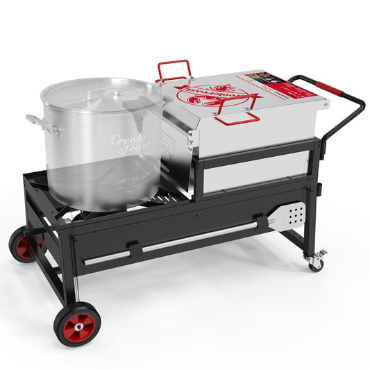 Creole Feast CFT2018-N1 90 Qt Crawfish Boiler and Cooker Combo, 2-Burner Single Sack Propane Gas Seafood Cooker with Stainless Steel Stirring Paddle for Outdoor Backyard Boiling, Silver & Black