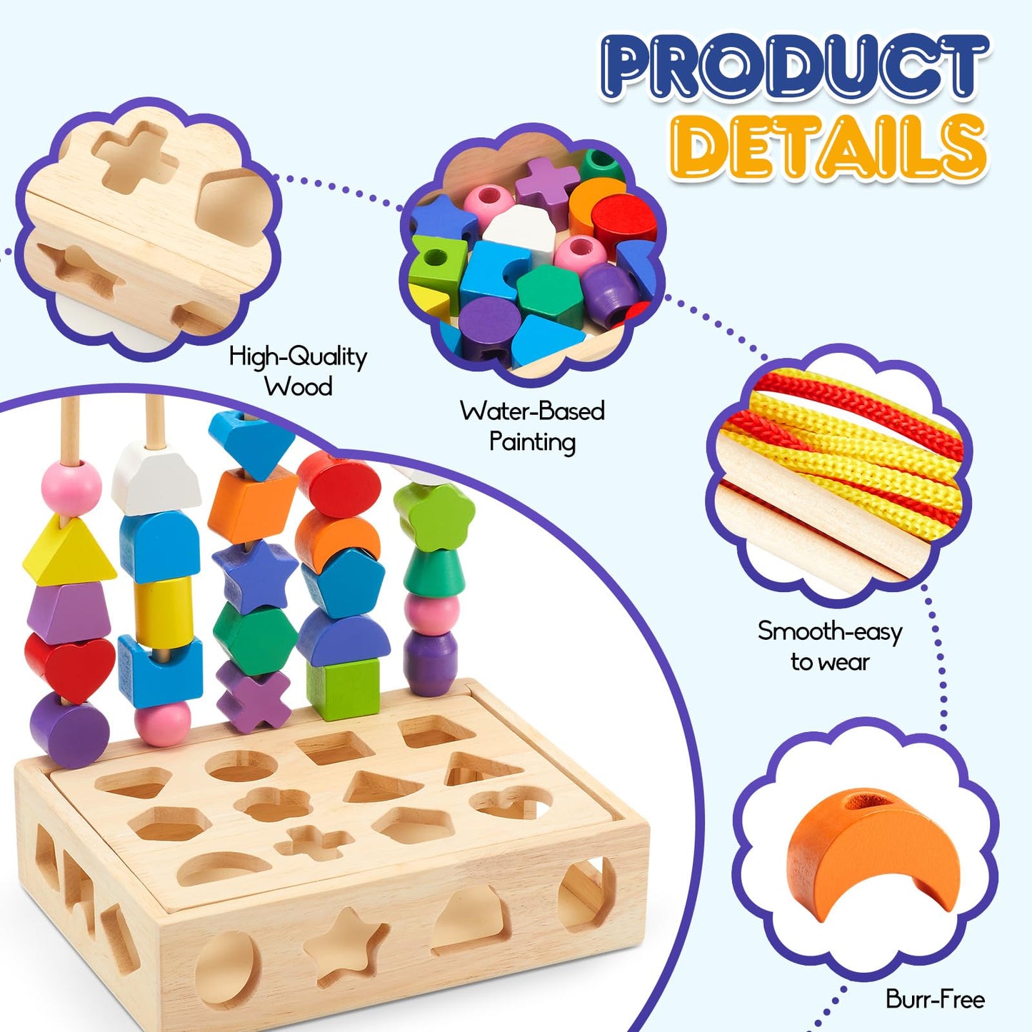 ZGIMI 3 in 1 Montessori Wooden Toys, Lacing Beads & Stacking Blocks & Shape Sorter Sequencing Toy Set, STEM Preschool Educational Learning Fine Motor Skills Toys for Toddlers 3 4 5 Years Gifts