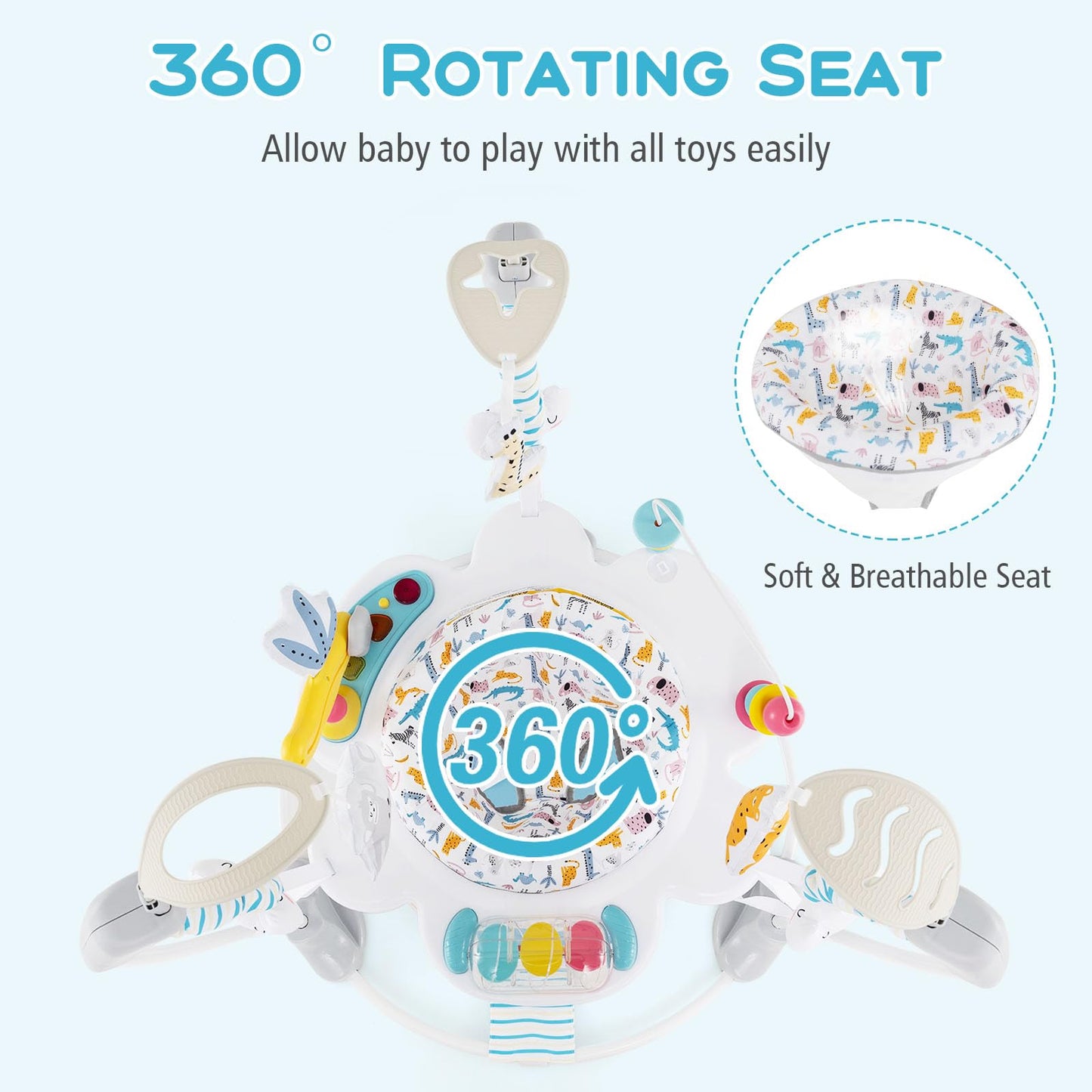 INFANS Baby Activity Center, 3 in 1 Play Center Jumpers and Bouncers with Music, Lights, Interactive Toys, 360°Rotating Seat, 3 Adjustable Heights, Exersaucer Learning Toys for Baby 6-12 Months (Blue)