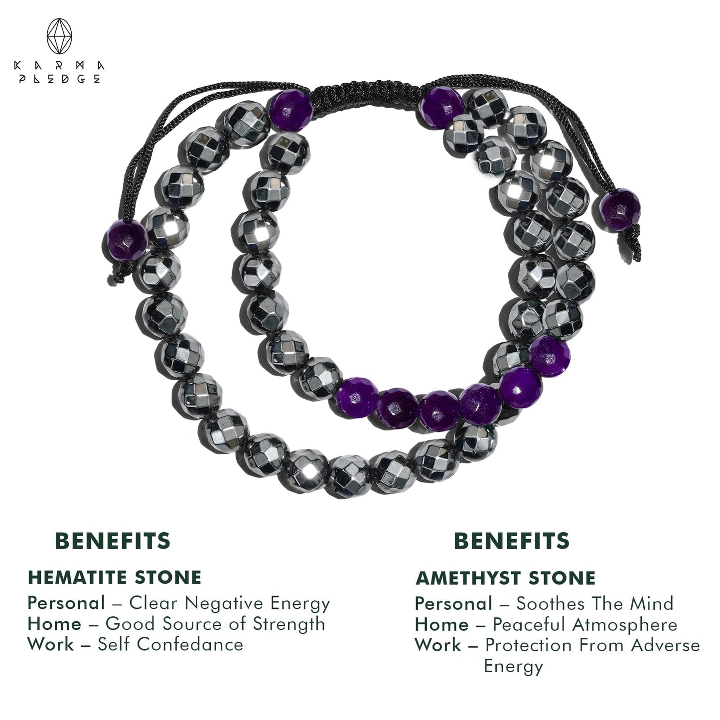 Crystal Bracelet, Hematite & Amethyst Chakra Healing Crystal Bracelets for Men & Women, Spiritual, Positive Energy & Balance, Handmade 8mm Crystal Beads Adjustable Bracelets by Karma Pledge