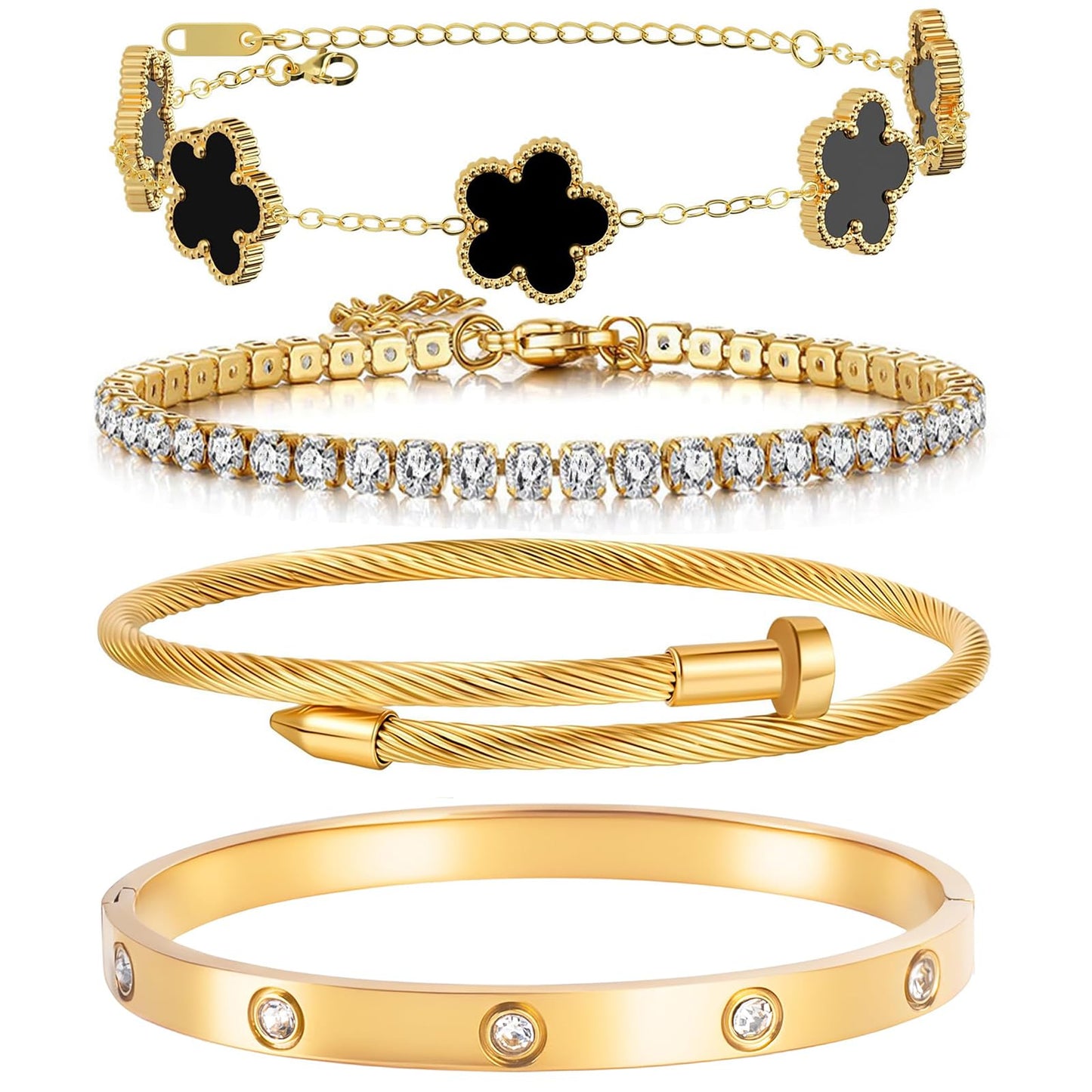 MEIERYA 18K Gold Plated Womens Stackable Floral Bracelets Set,Twisted Cable Bangle,Trendy Jewelry,Waterproof adjustable bracelet,Christmas Birthday Gifts for Girlfriend or Mother. (02-Color-black)