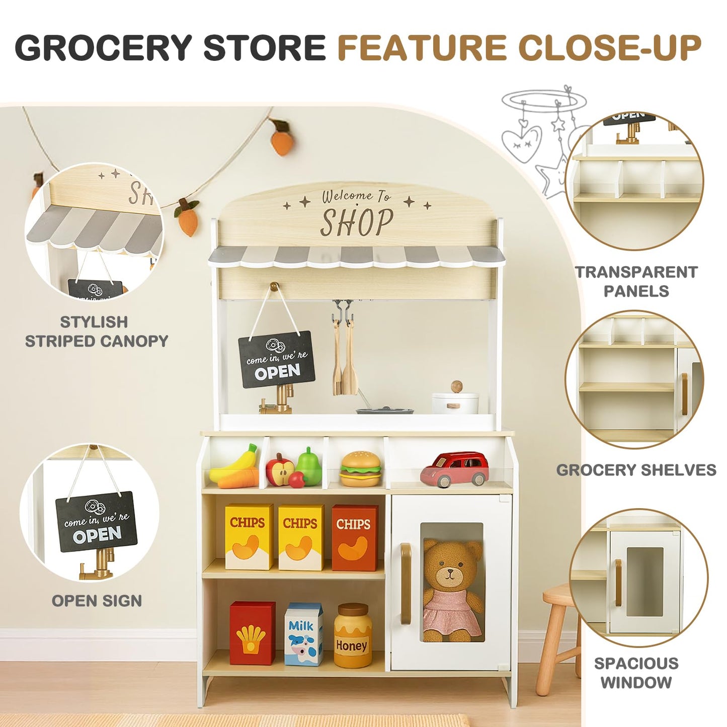 DREAM BUILDING Dual-Sided Play Kitchen for Kids Toddlers, 2-in-1 Grocery Store&Wooden Toy Kitchen Set with Coffee Machine,Pretend Kitchen Play Set with Microwave, Oven, Gift for Boys Girls