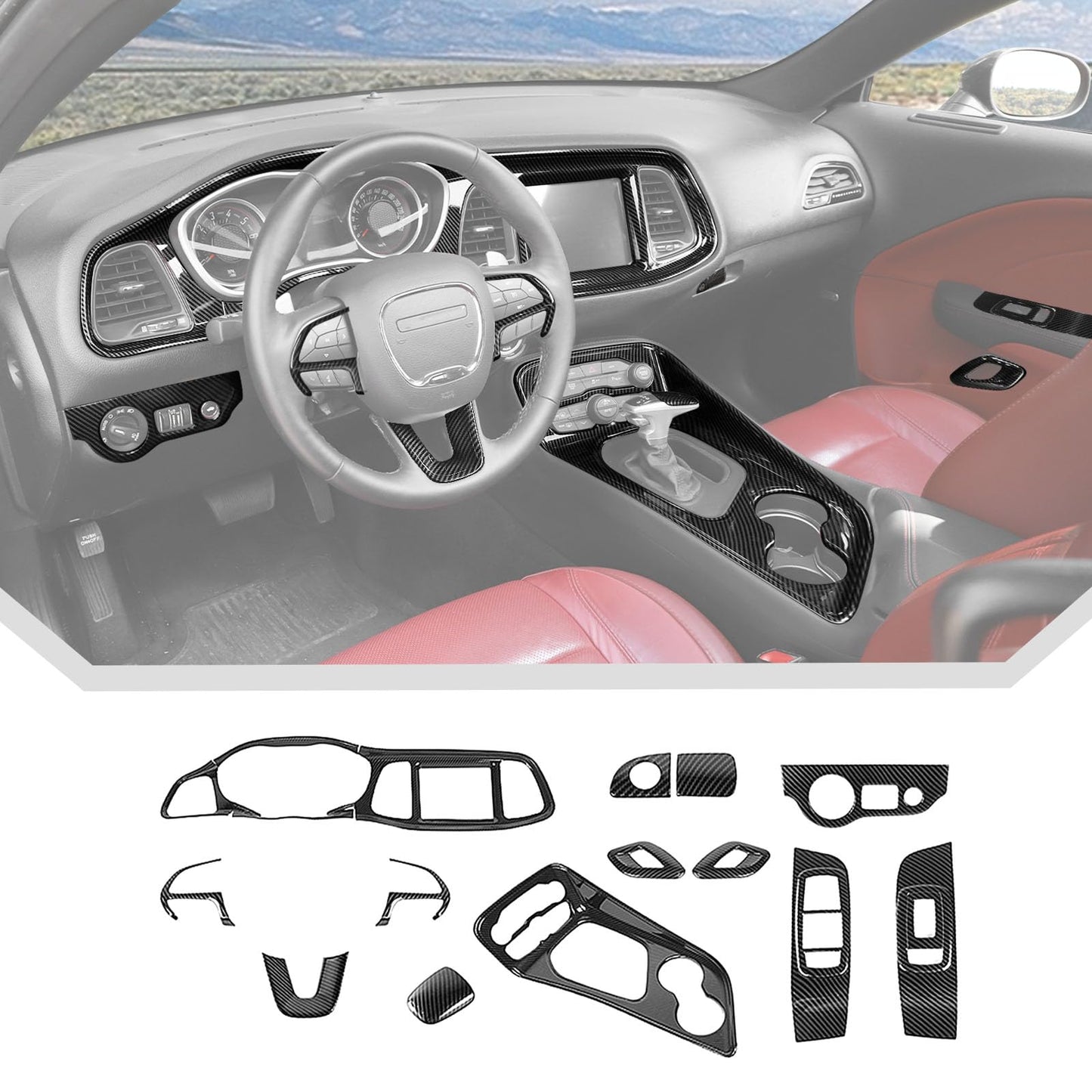 JeCar 16pcs Carbon Fiber Interior Trim Kit for 2015-2024+ Dodge Challenger Interior Accessories