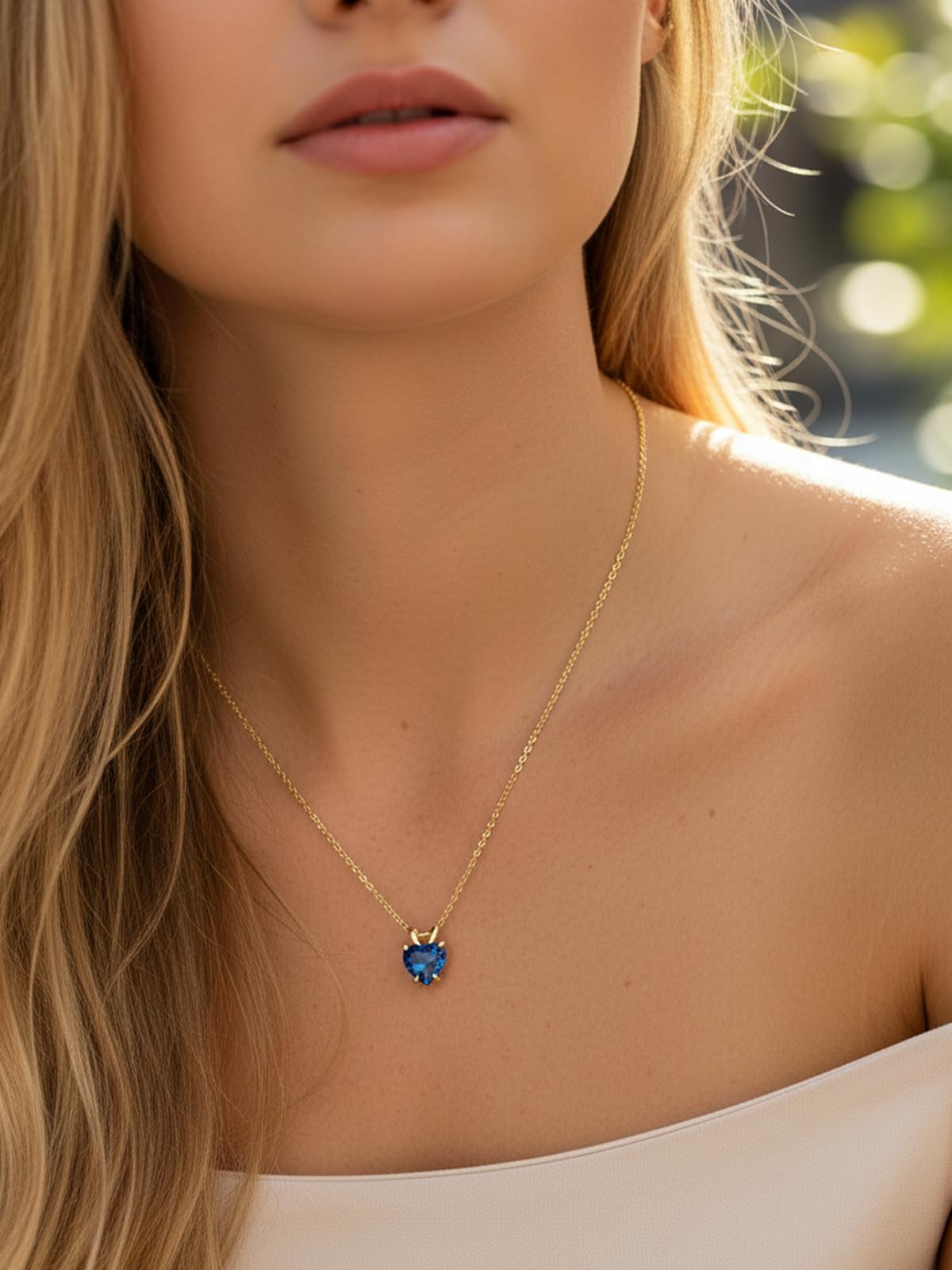 CYW 1 Carat Blue Sapphire Small Gold Heart Necklace for Women 925 Sterling Silver Solitaire Pendant Necklace
