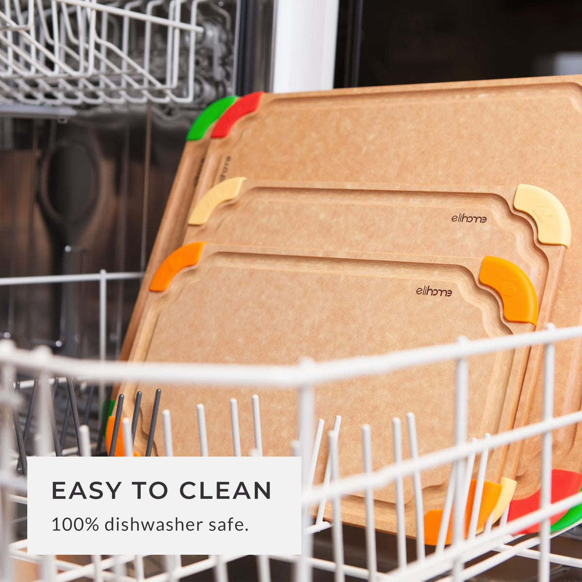 Elihome Premium Series 4-in-1 Kitchen Cutting Board Set, Non Slip Feet, Color Coded with Food Icon, Natural Wood Fiber, Dishwasher Safe, Eco-Friendly, Juice Grooves,Non Porous, BPA Free, Made in USA