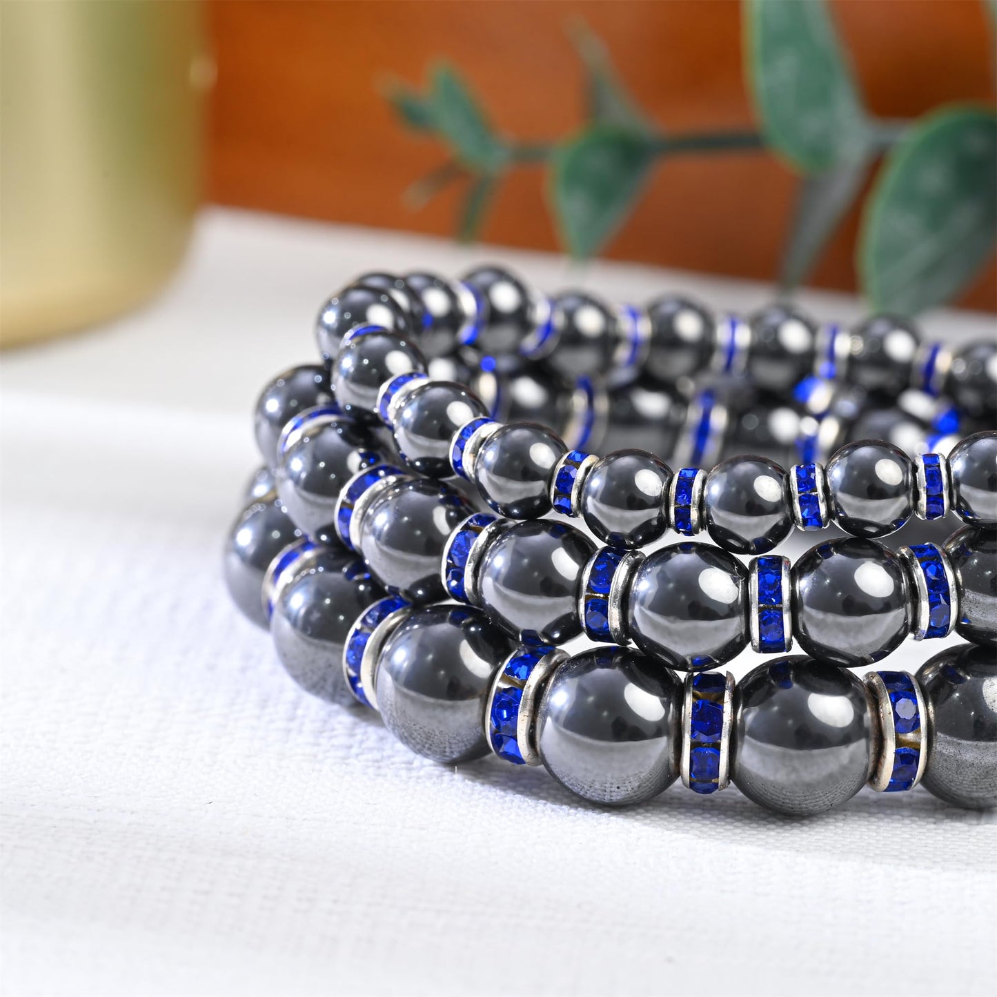 Apocalyptic-K Women's Magnetic Bracelet，Hematite Bracelets，Magnetic Bracelets With Zirconia,Handmade Stretch Bracelet，Eliminates static electricity. (8MM Blue &10MM Zirconia)