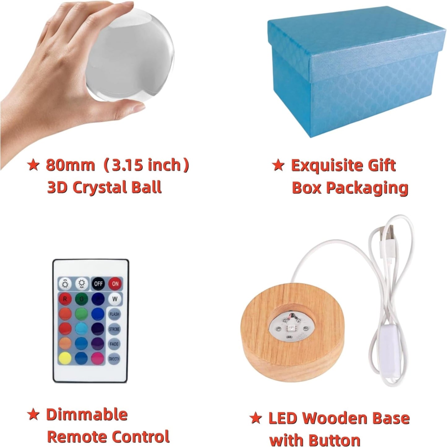 3D Large Squirrel Crystal Ball Night Light with Wooden Base, Crystal Lamp Gift for Kids Friends, 16 Color Changing with Remote Control, Laser Engraved 3.15 inch Glass Ball Lamp (Squirrel)