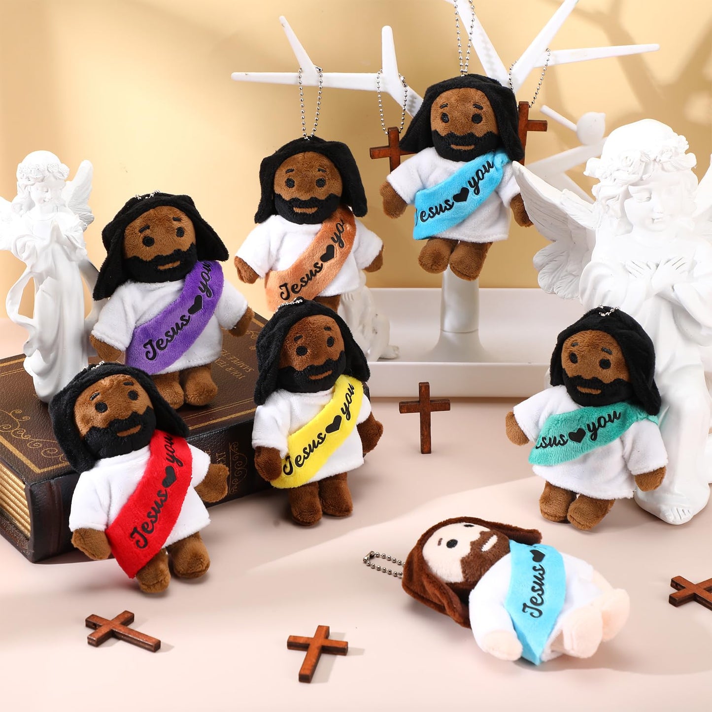 HyDren 12 Pcs Christian Jesus Stuffed Dolls Bulk 4" Loves You Jesus Plush Toy Religious Gifts for Church Members Sunday School Baptism Party Favors(Black Color)