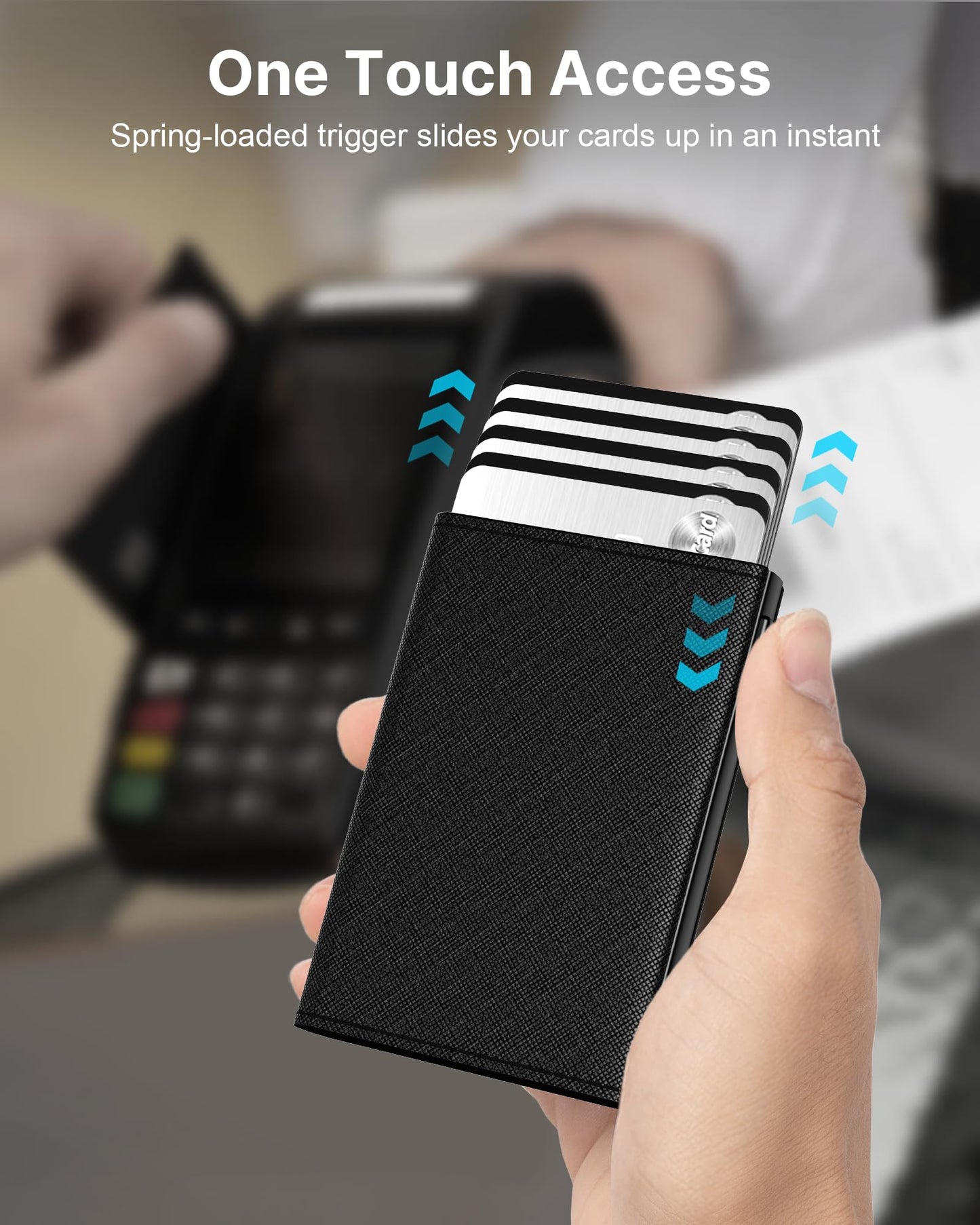typecase Mens Wallet Card Holder: Pop Up Aluminum Case, Genuine Leather, Smart, RFID Blocking, Slim, Minimalist, Front Pocket - 9-14 Card Capacity | ID Window | Cash Slot (Cross Black)