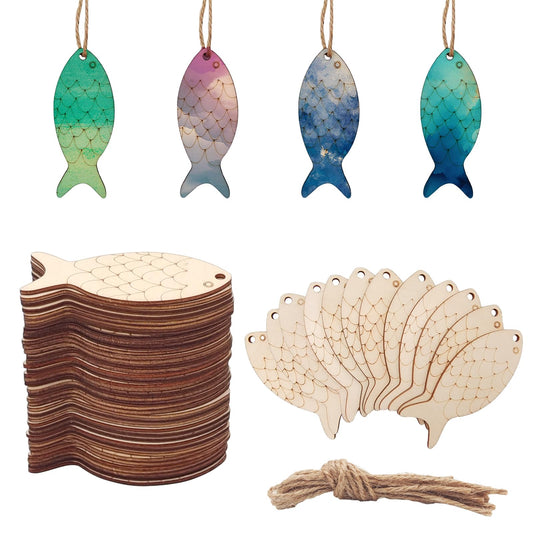 40 Pcs Fish Template Wood Cutouts Unfinished Wooden Ornaments Craft Slices to Paint Mini DIY Blank Wood Discs Ornament with Holes Rope for Home Crafts Hanging Decoration