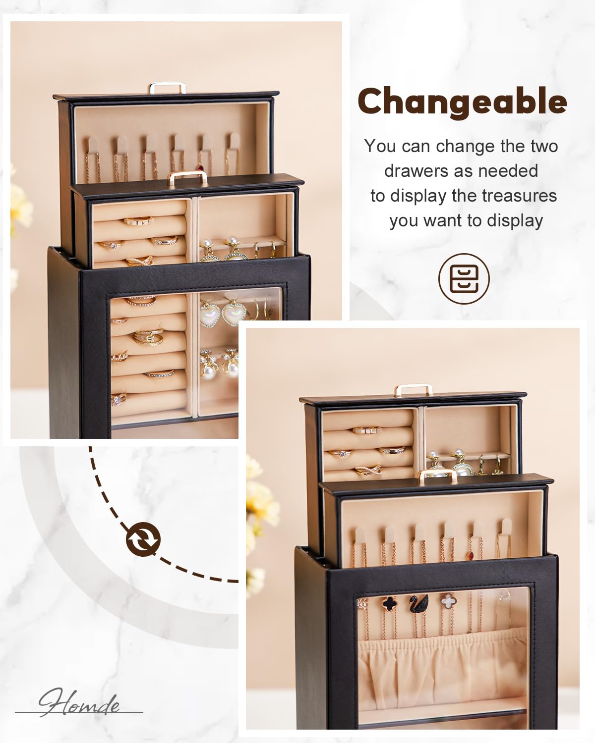 Homde Mothers Day Gifts Jewelry Organizer Girls Women Jewelry Box for Necklaces Rings Earrings Gift Bracelets Storage Case (Black + Gold)