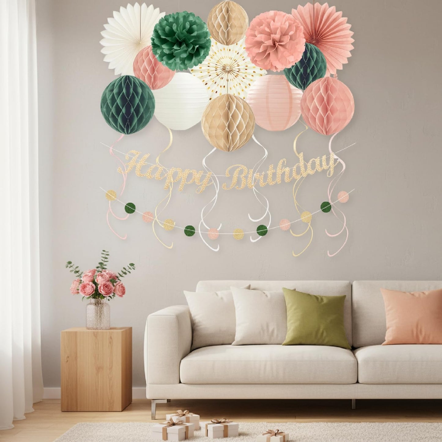 24Pcs Boho Style All-In-One Party Decorations Kit, Happy Birthday Banner with Honeycomb Balls, Paper Flowers, Lanterns, Hanging Swirls, Garland for Women, Girls Celebrations (Pink Sage Green)