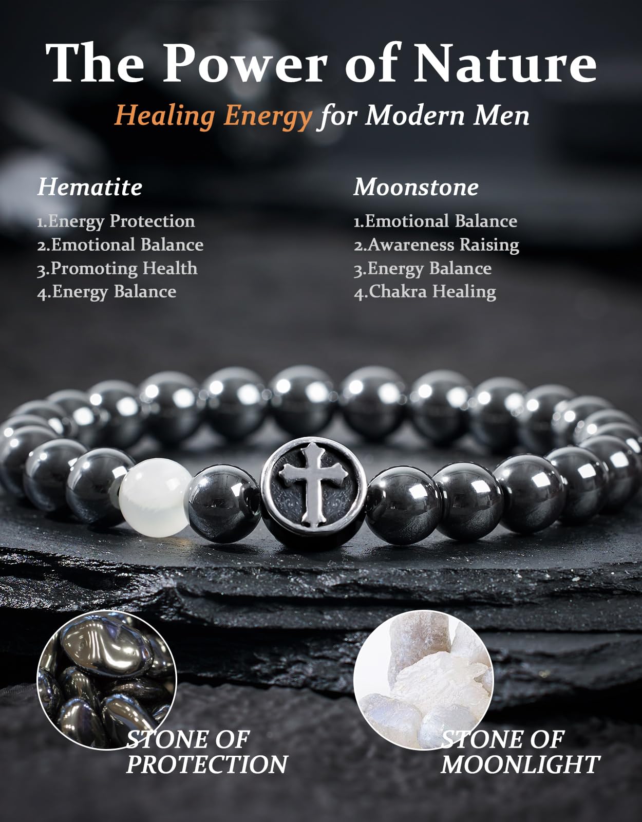 Landorilo Gifts for Men, 8mm Cross Natural Stone Beaded Bracelets, Hematite Healing Bracelet, Handmade Mens Jewelry Gift for Him, Husband, Son, Father, Friend(To My Son-8.3in)