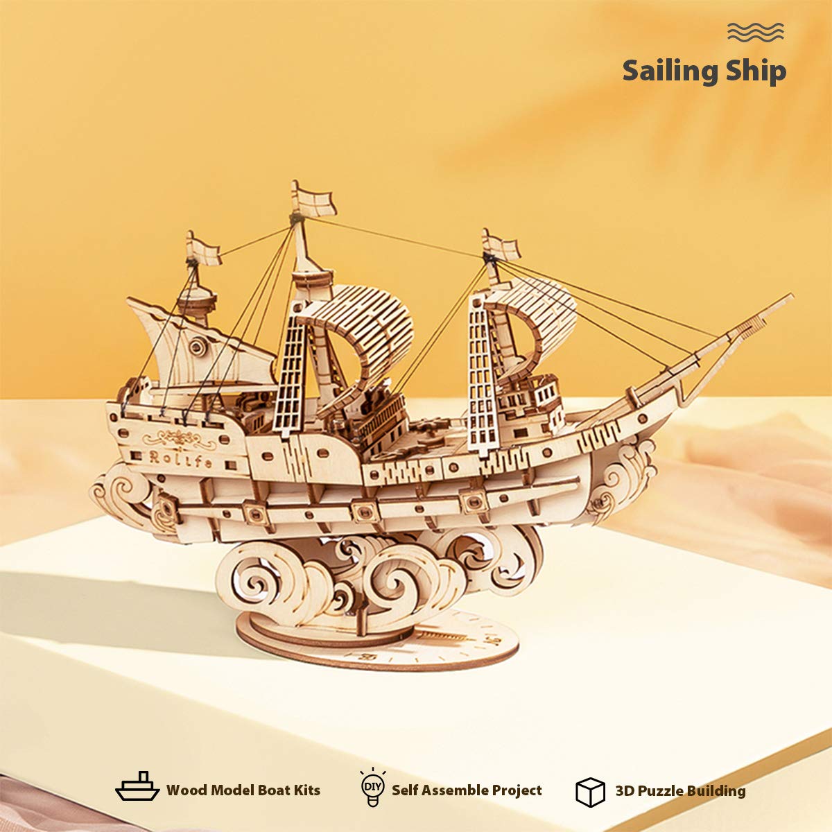 Rolife 3D Wooden Puzzles Model Kit for Adults to Build, Wooden Model Ship Series Sailing Ship Building Model Kit, DIY Crafts Hobbies/Collections/Decorations/Gifts for Friends and Family (Sailing Ship)