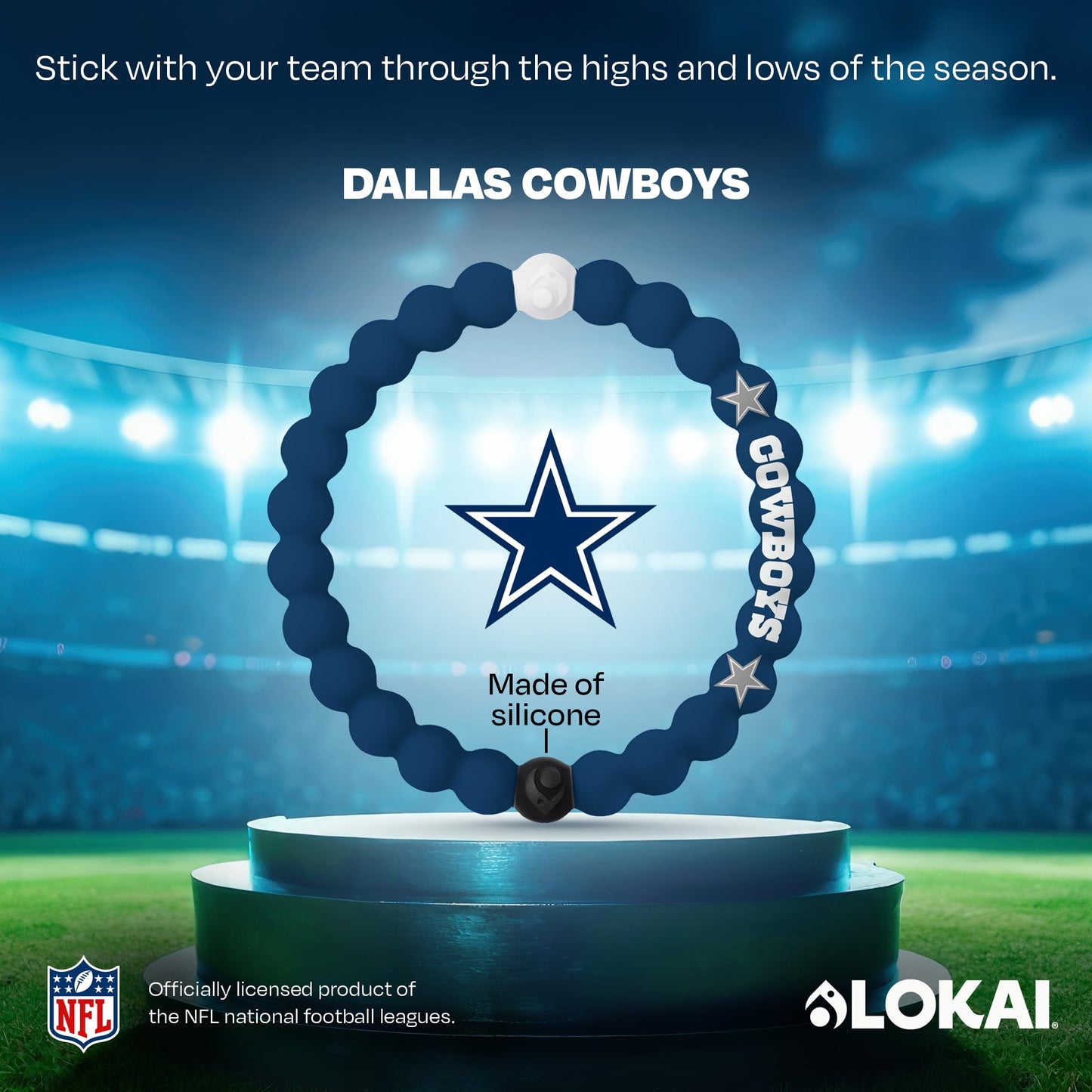 Lokai NFL Football Collection Silicone Beaded Bracelet, Dallas Cowboys Classic (Medium) - Beaded Bracelet for Women & Men, Silicone Jewelry Bracelet Slides-On for Comfortable Fit