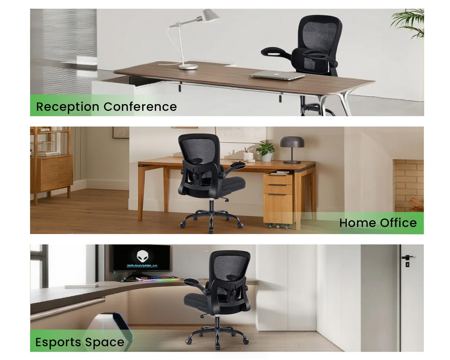 AreShark Ergonomic Office Chair, Comfy Desk Chair with Adjustable Lumbar Support, Mesh Computer Chair with Wheels, Flip-up Armrests, Swivel Rolling Executive Chair for Home Office, Gaming, Black