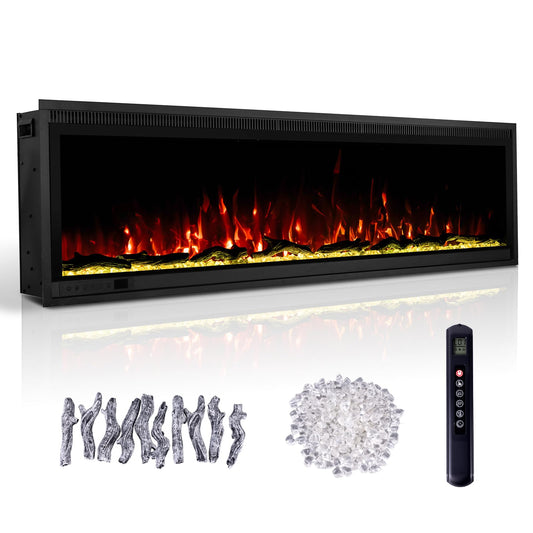 40" Linear Electric Fireplace Heater Insert: Ultra-Narrow Frame Wide Screen, 13 Flame & Ember Colors, 3 Top Light Colors. Wall Mount/Recessed,1500W/750W with Remote & Touch Control, Log & Crystal Set