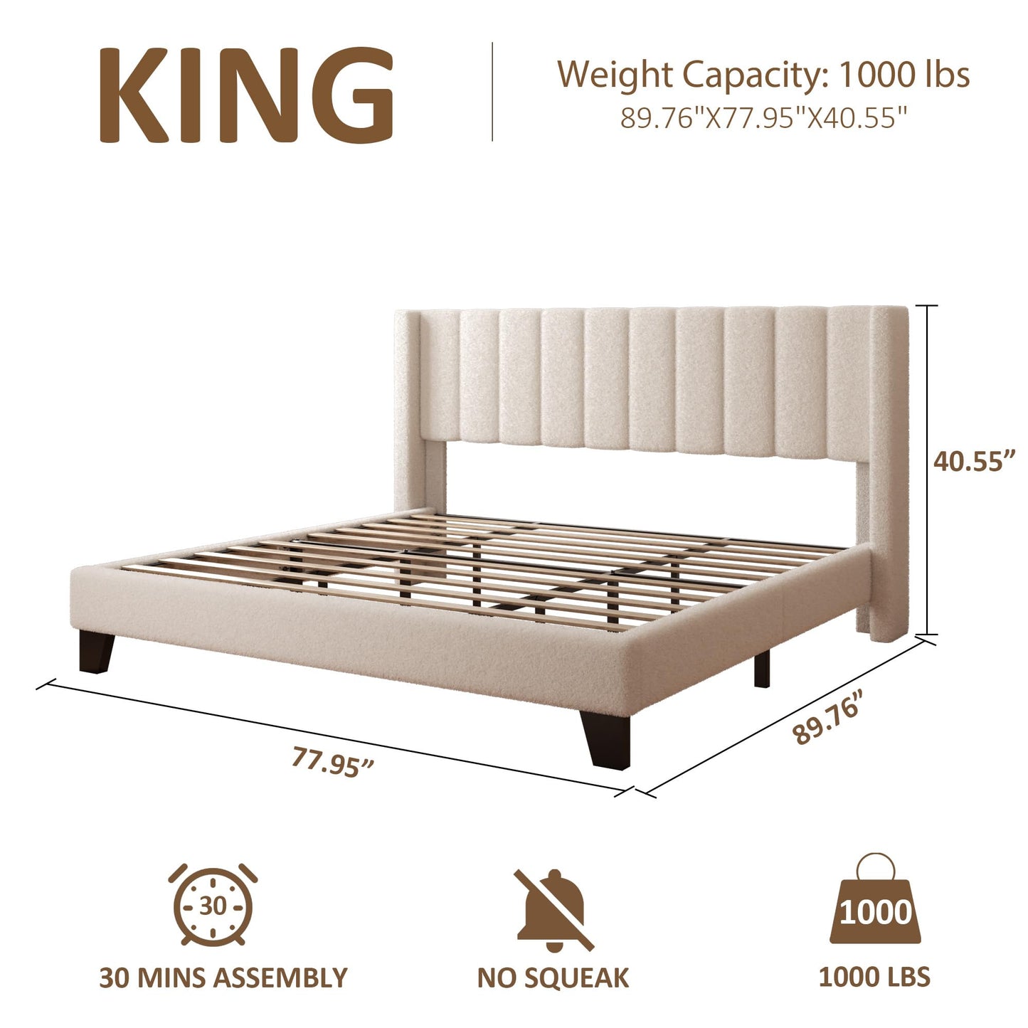 wirpexhowak King Bed Frame with Headboard Upholstered Platform Bed Frame with Teddy Velvet Headboard, Wooden Slats Support/Wing Edge Design/No Box Spring Needed/Easy Assembly, Beige King