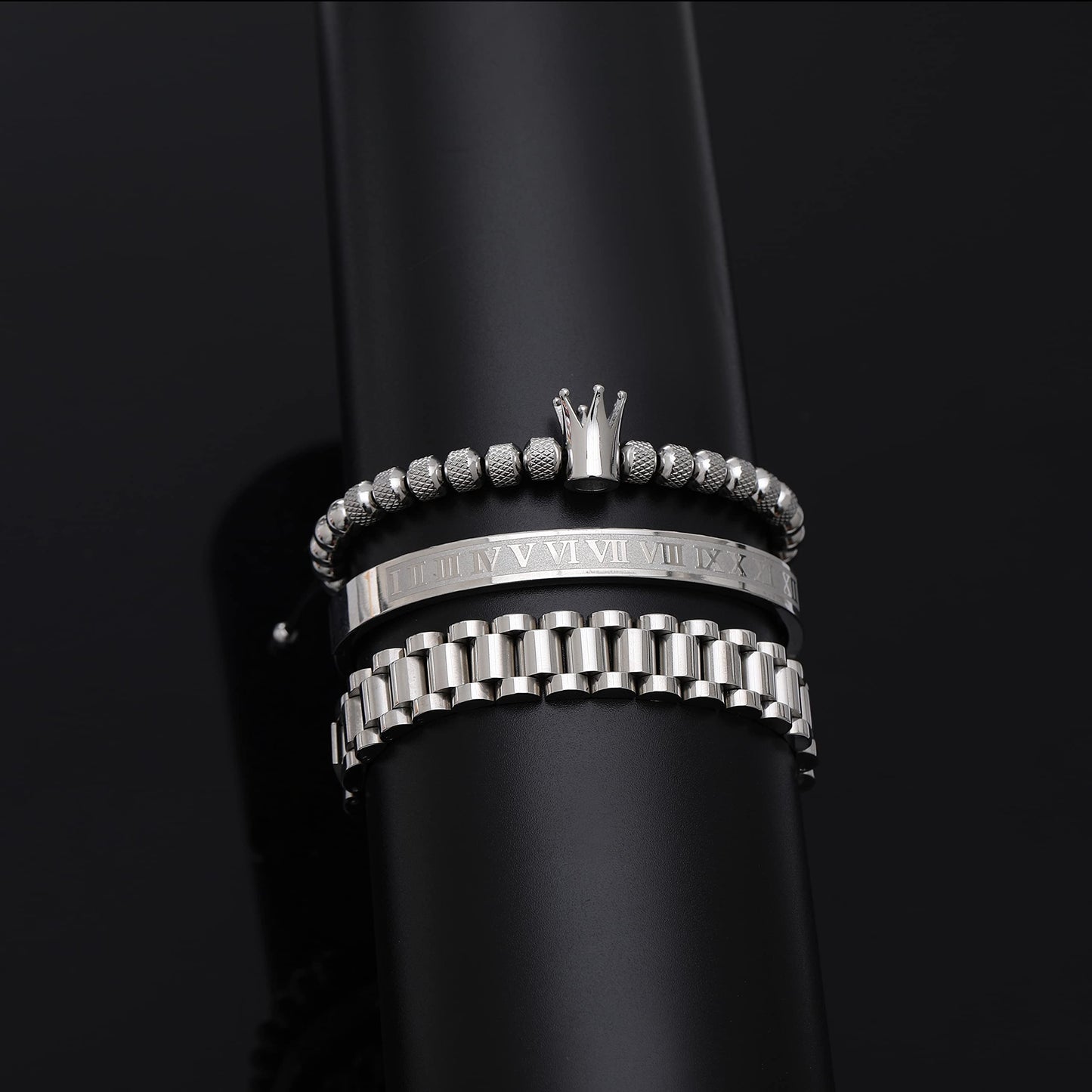 WFYOU 3PCS Stainless Steel Bracelets for Men Gold Roman Numeral Bangle Bracelet Twisted Cable Bracelet Adjustable Cuff Bracelet Mens Luxury Jewelry Bracelets Gifts(F:Silver)
