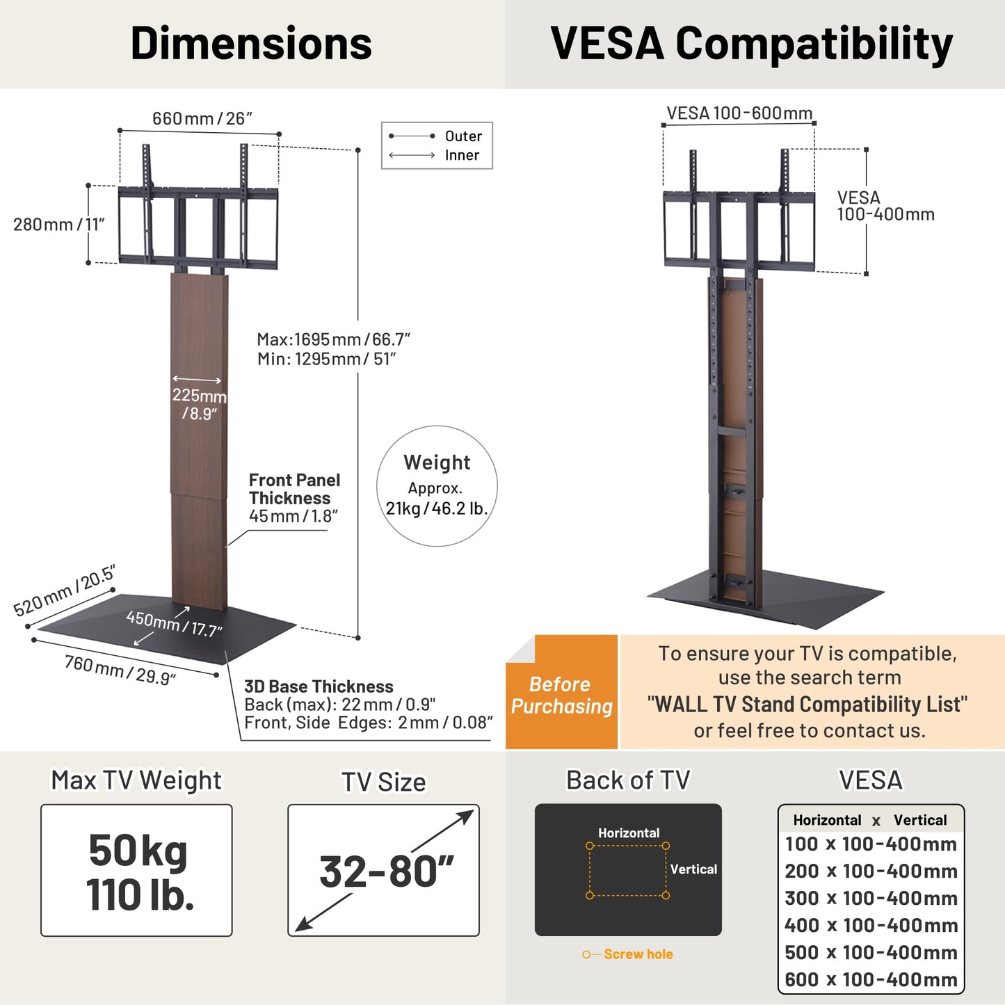 WALL V3 High Type, Sleek Ultra-Thin Free-Standing TV Stand for 32–80" TVs, White Oak, Space-Saving Design, for Living Room and Bedroom, Adjustable Mount, No Drill Setup, Japan-Engineered