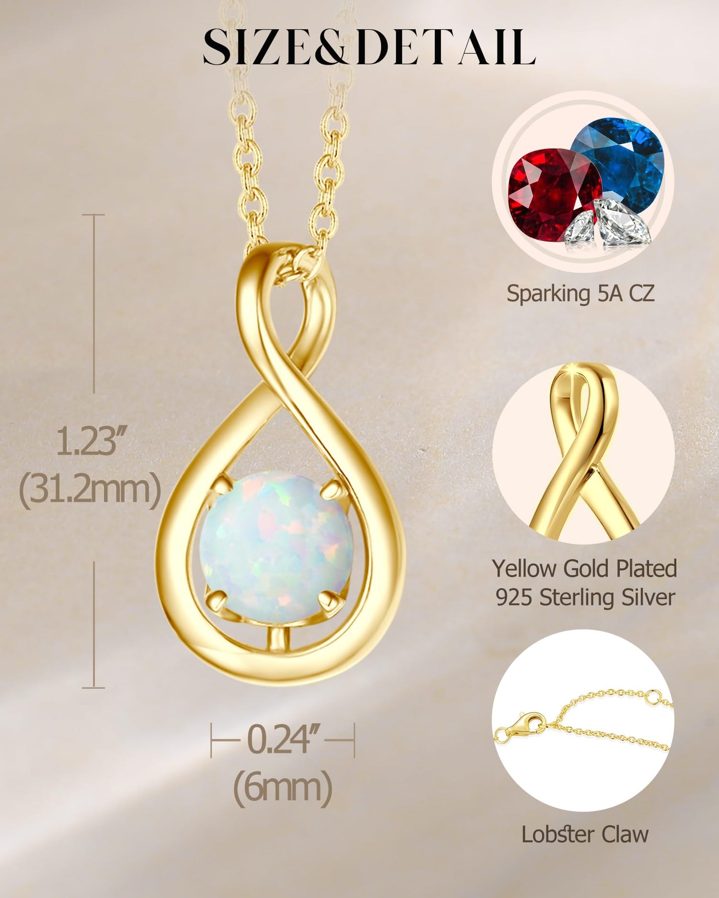FANCIME White Opal Necklace October Birthstone Necklace for Women Yellow Gold Plated Sterling Silver Infinity Pendant Fine Jewelry Birthday Mothers Day Gifts for Mom Her Daughter