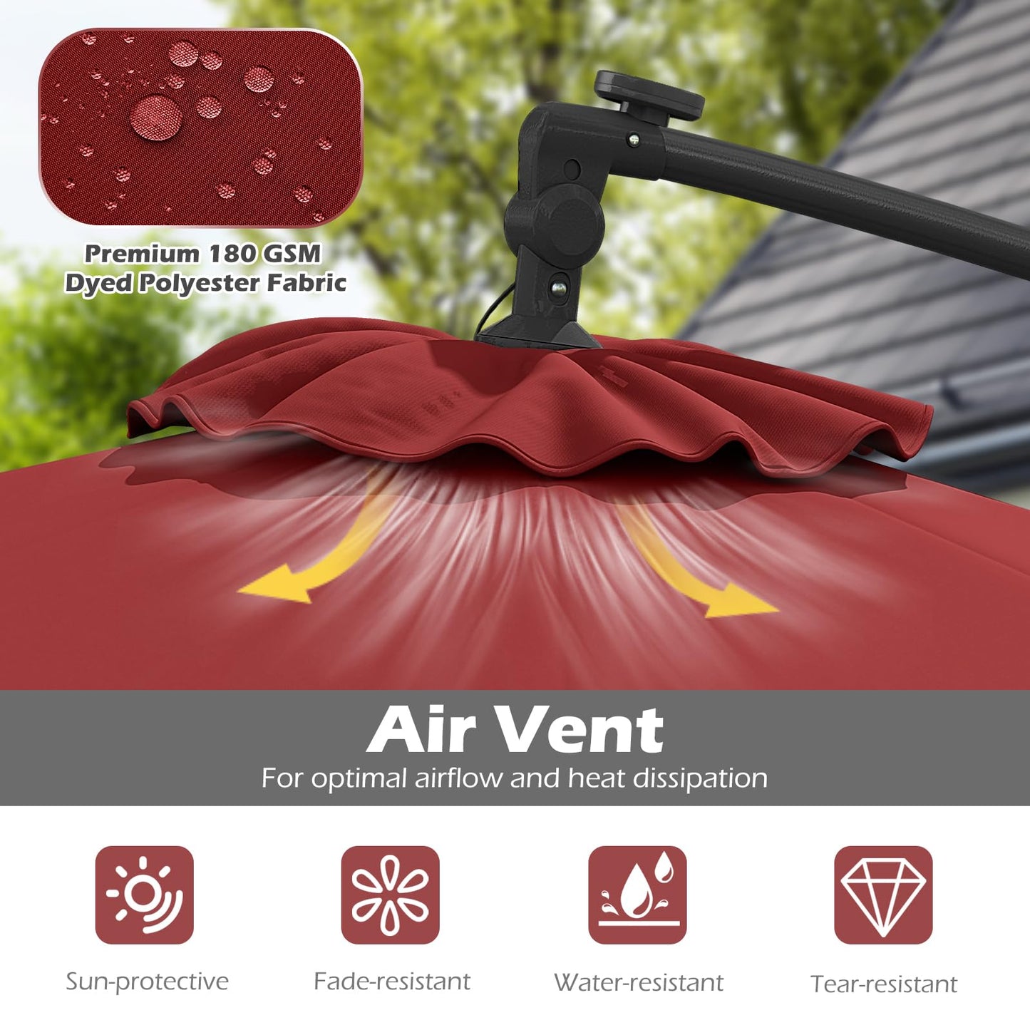 Tangkula 10ft Solar Patio Umbrella with Base Included, Offset Cantilever Outdoor Umbrella with 32 LED Lights, Infinite Tilt, 360 Degree Rotation, Crank Handle for Pool Deck Garden Backyard (Wine)