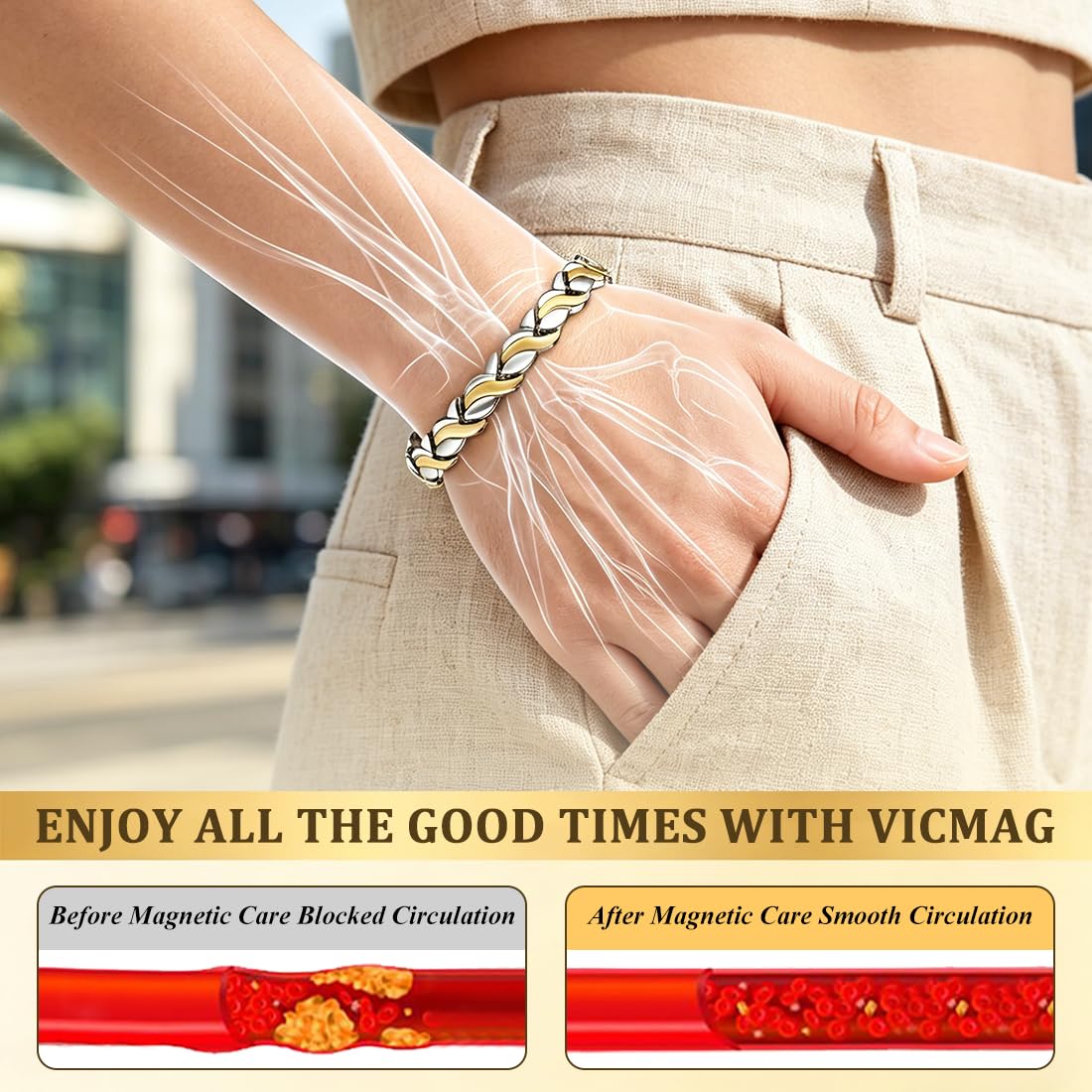 Vicmag Magnetic Bracelet for Women, Titanium Steel Bracelet with Ultra Strength Magnets, Waterproof & Adjustable, Jewelry Gift with Sizing Tool(Silver Gold Fishtail)