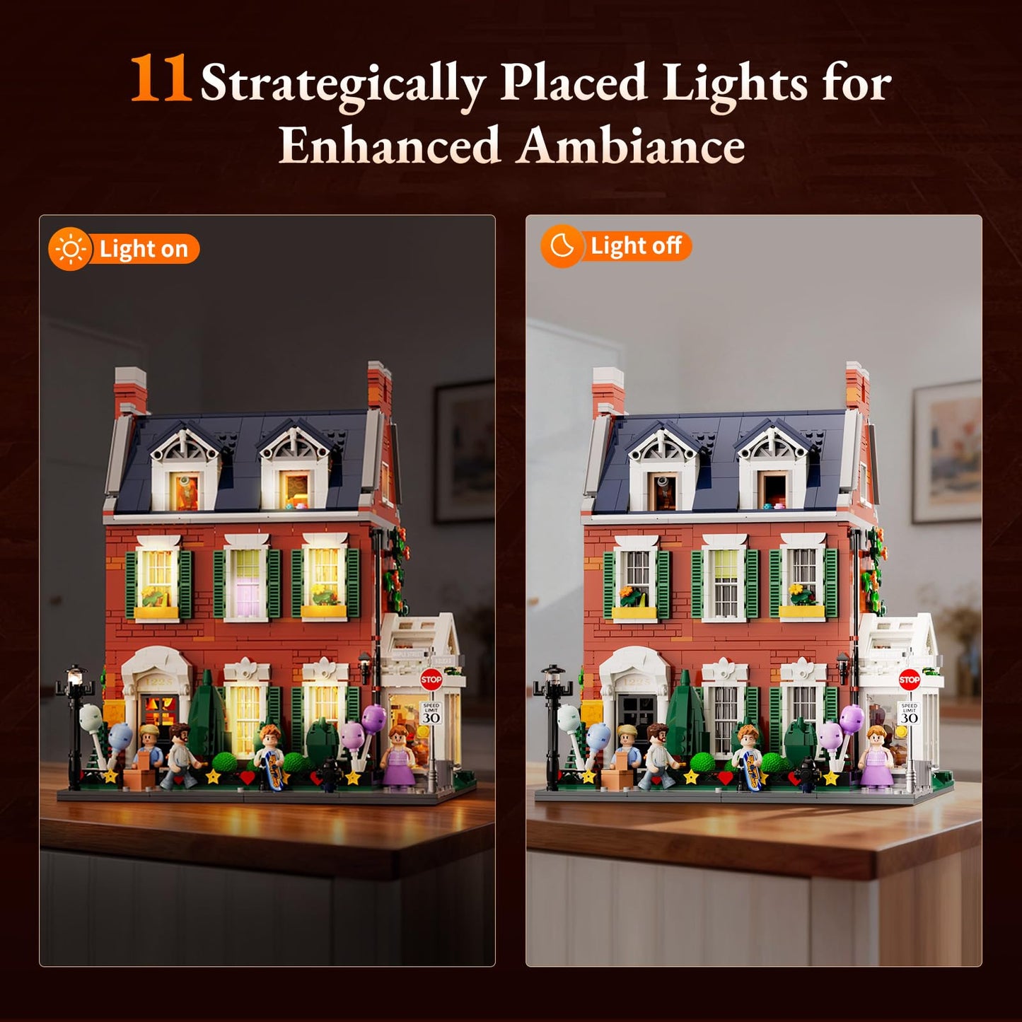 LUMIBRICKS Redbrick Row House Lighting Building Bricks Set - City Town LED Light Modular Construction Model Collection Display Kit with Minifigures 2663 Pcs for Adults & Teens