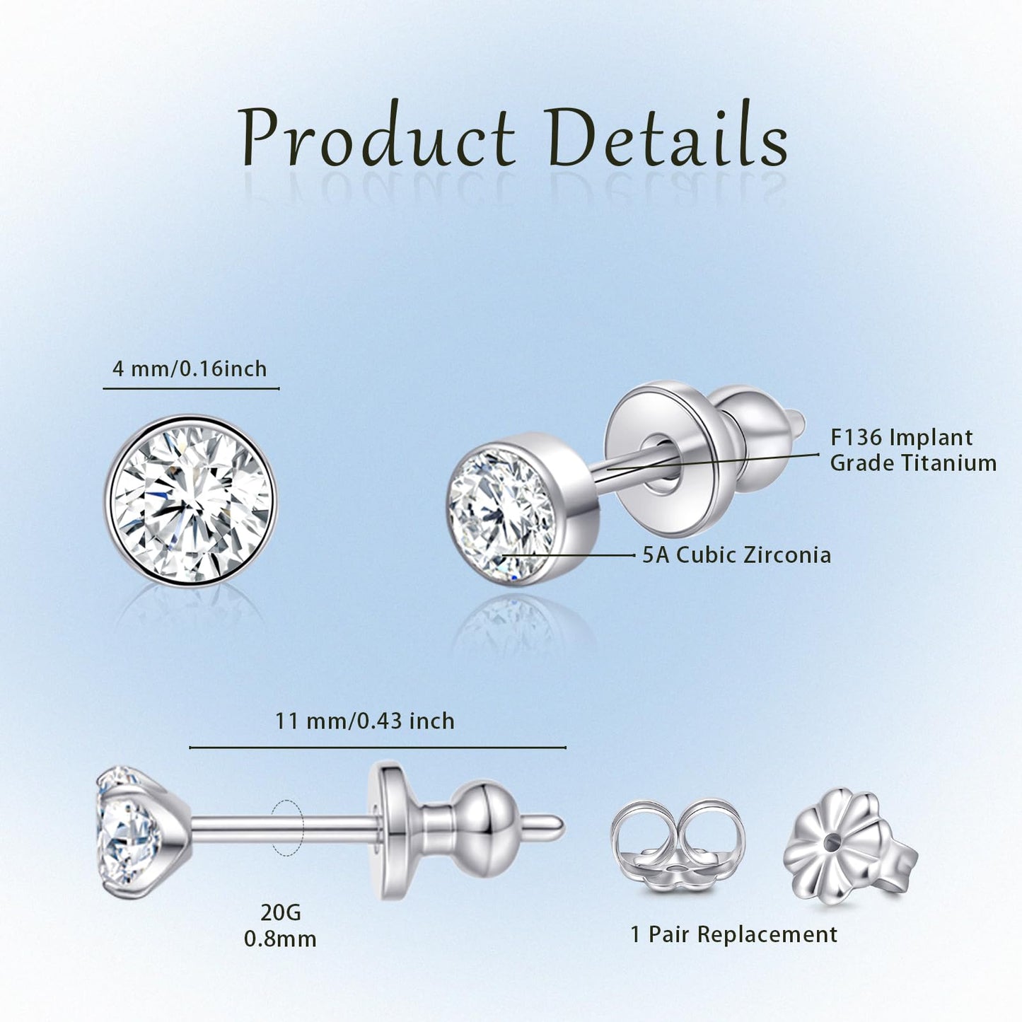 Limerencia G23 Pure Titanium Earrings F136 Implant Grade Titanium Studs 20G Hypoallergenic Round Cubic Zirconia/Princess-Cut/Square/Ball Earrings for Women Men Sensitive Ears(4mm Round CZ)