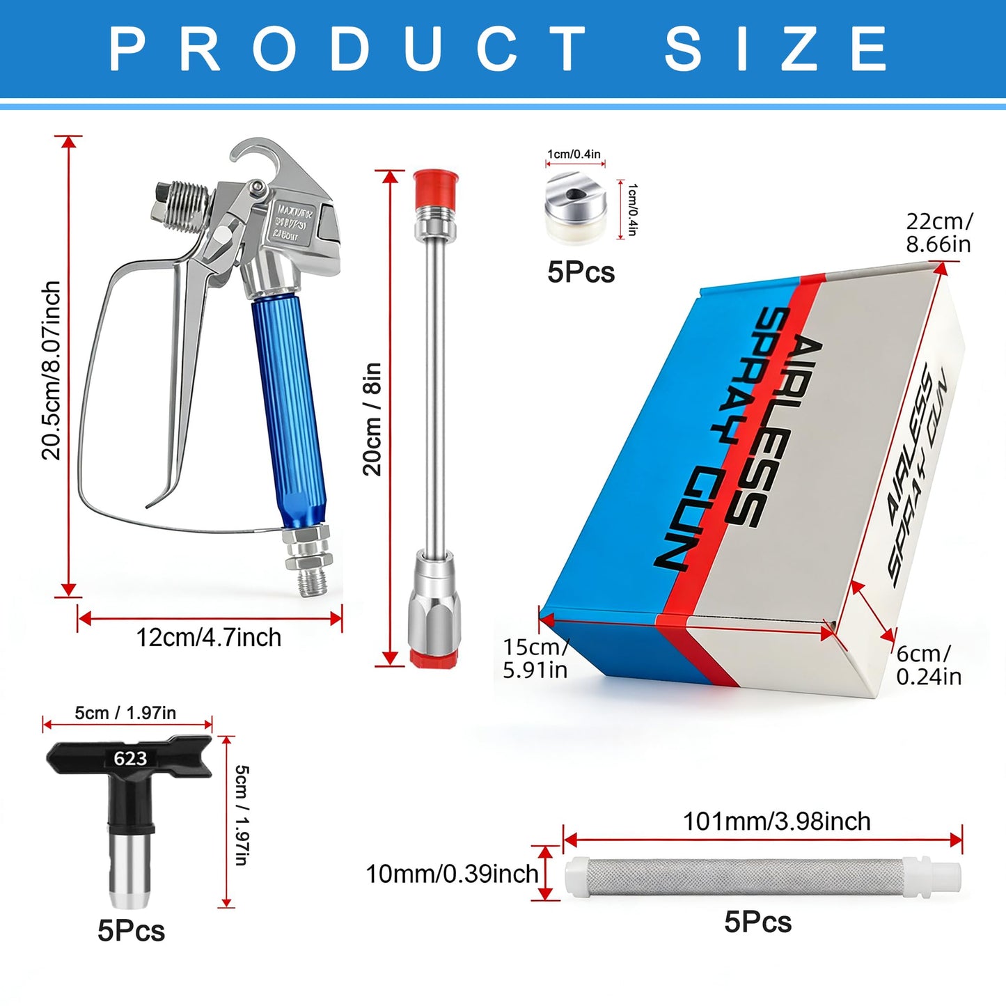 3600 PSI High Airless Paint Sprayer Gun with Nozzle Guard and 5 Spray Nozzle Tips (211, 313, 415, 517, 623) & 5 Airless Paint Sprayer Gun Filters & 8Inch(20CM) Spray Painted Extension Pole