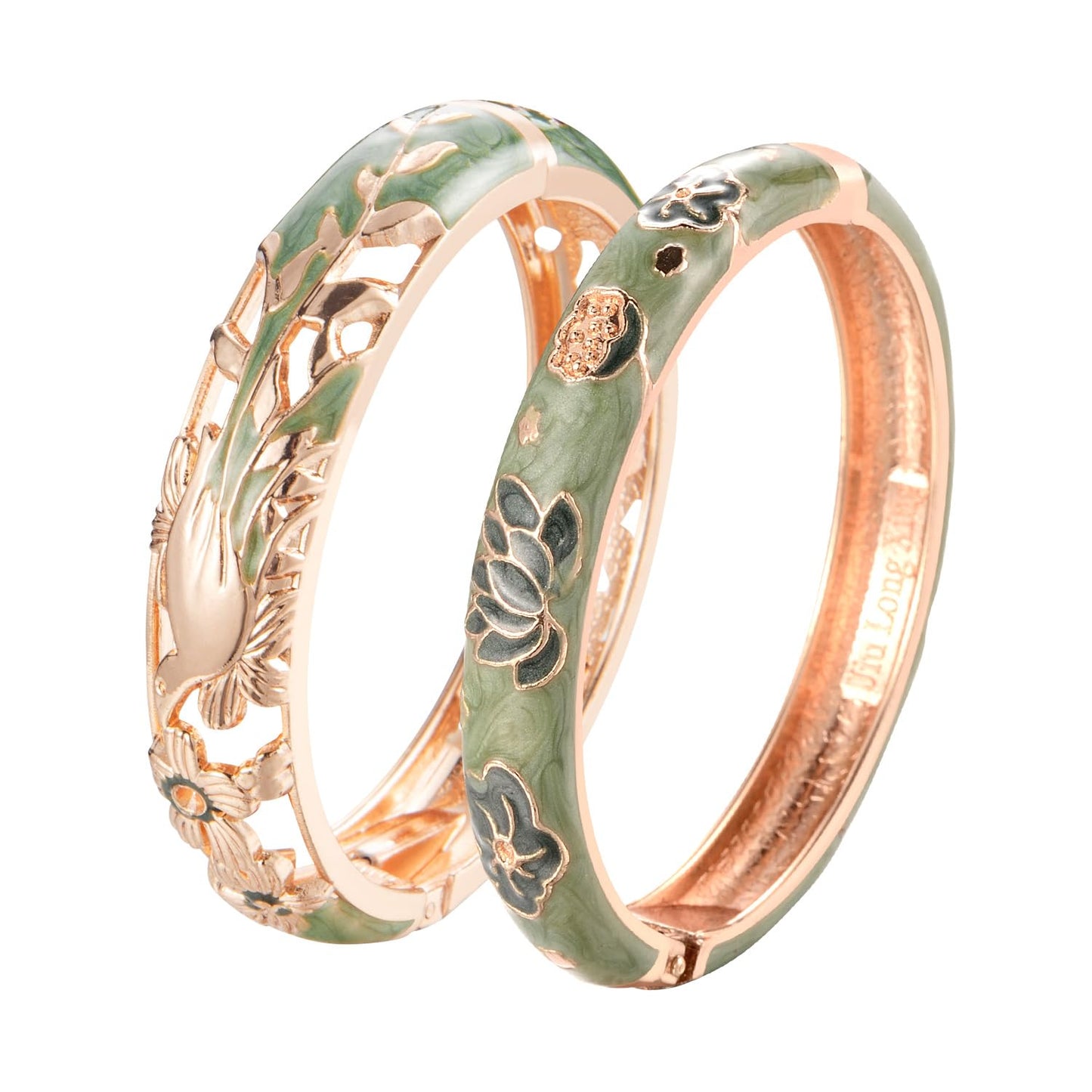 UJOY Vintage Jewelry Cloisonne Handcrafted Enameled Gorgeous Rhinestone Gold Hinged Cuff Bracelet Bangles Gifts 88A31-55A35 Green