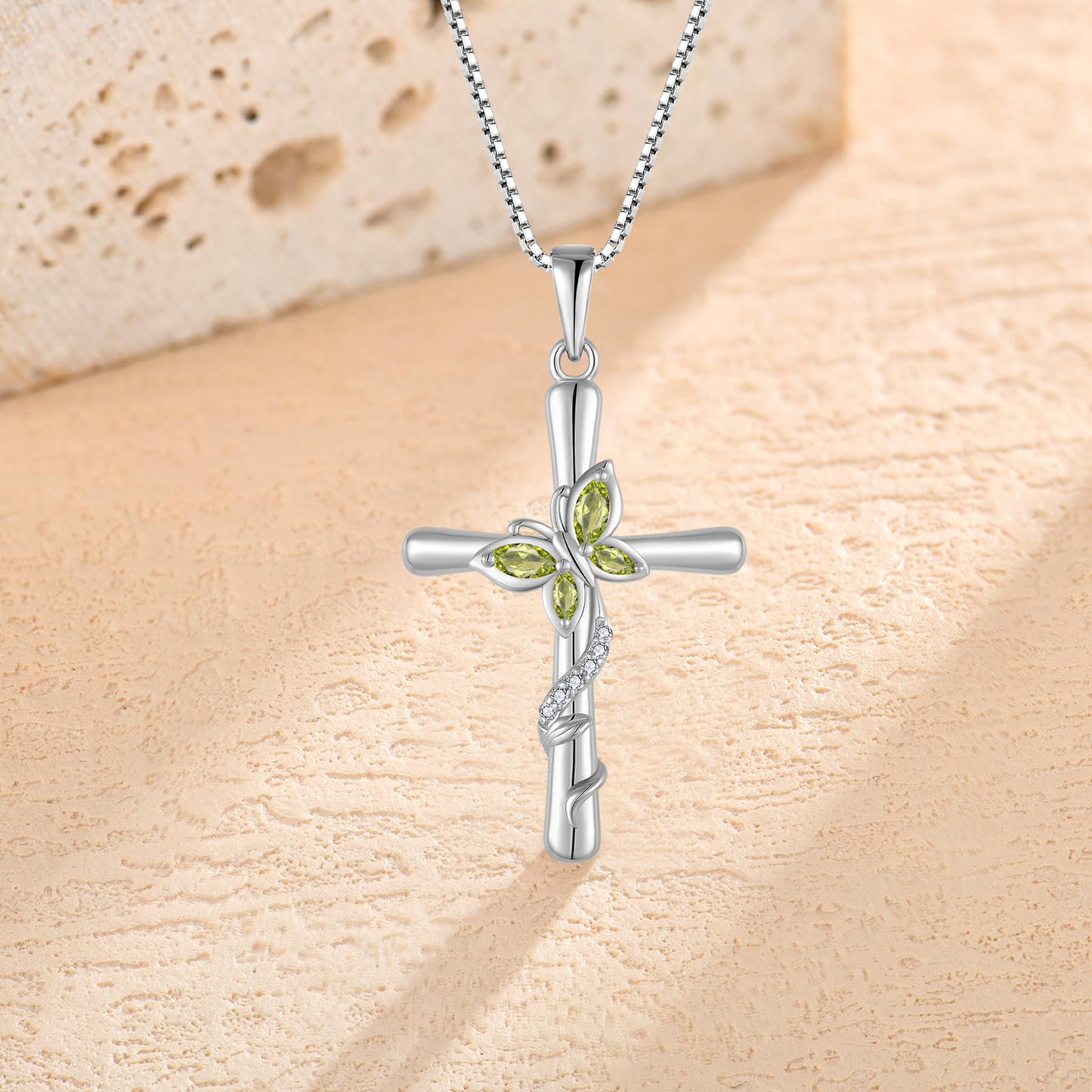 Blaniy Cross Necklace for Women 925 Sterling Silver Butterfly Necklace Peridot Pendant Necklaces August Birthstone Jewelry Gifts for Women