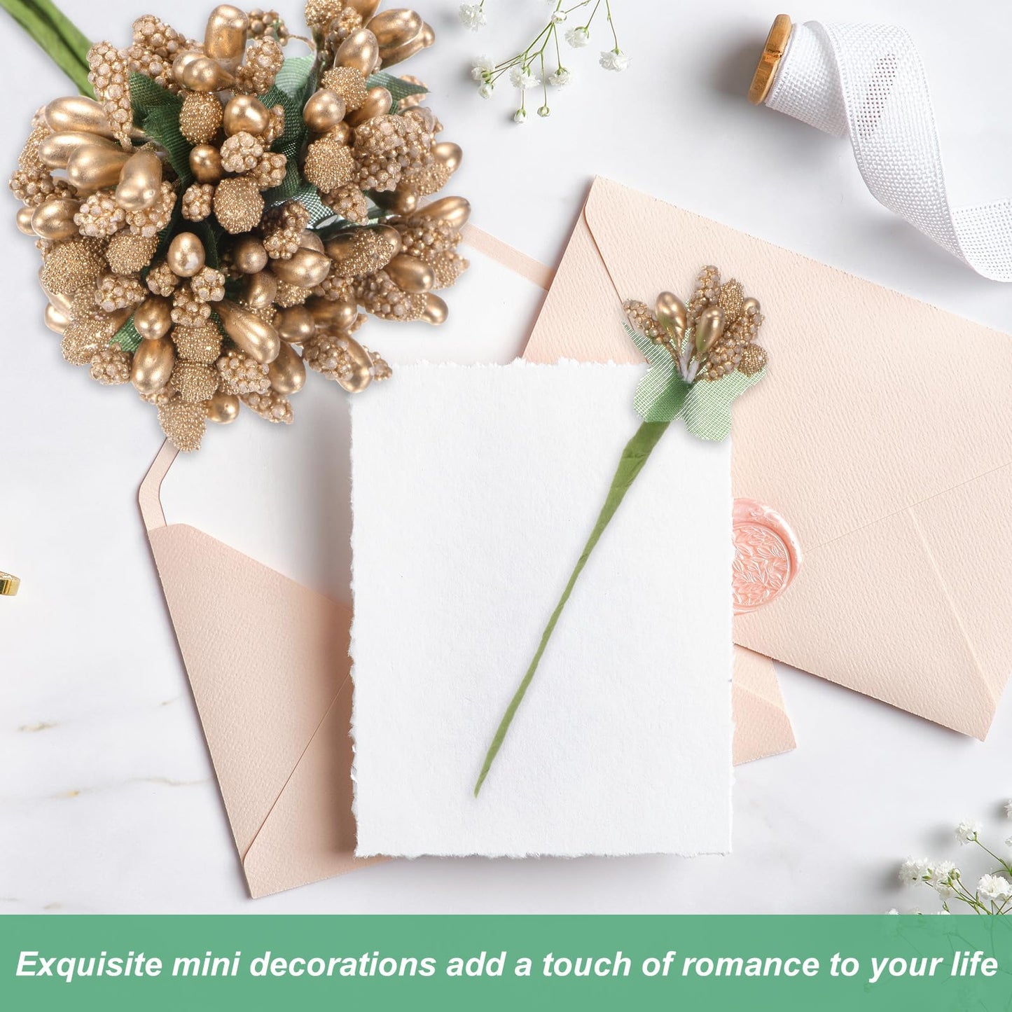 M METERXITY 144-Pack Artificial Flower Stamen Kit, Mini Frosted Holly Berry Stems for Wedding Decor, Flower Stamens for Craft DIY Wreaths/Birthday/Flower Arrangements Decorations [Gold]