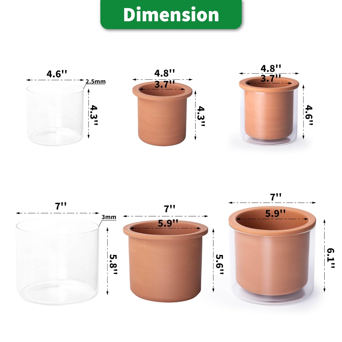 Phoenix Vine 4 Inch 6 Inch Self Watering Plants Pots, Design Terracotta Pots for Plants, Indoor Cylinder Terra Cotta Planter with Glass Vase Set, 51-A-G-46