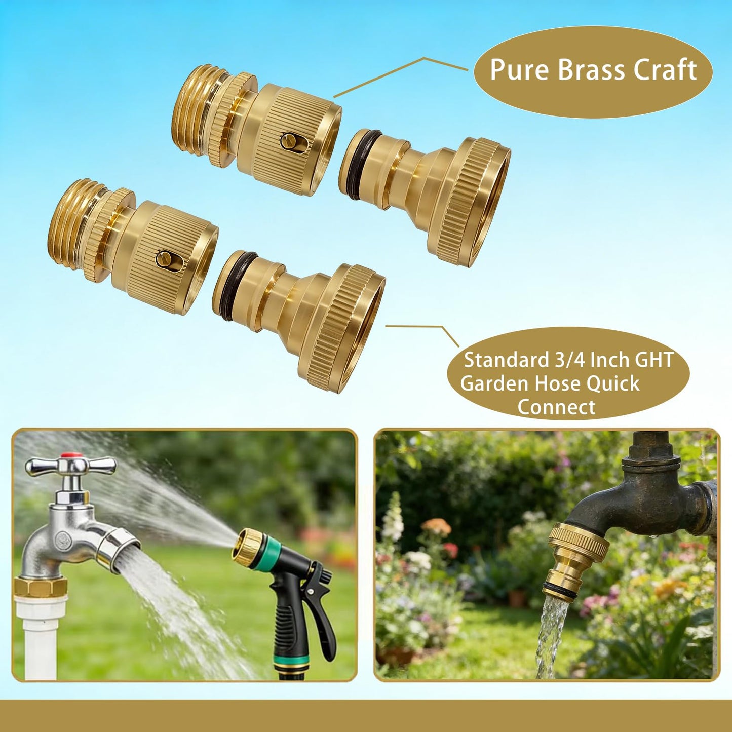 Yoniccal 3/4 Inch GHT Solid Brass Garden Hose Quick Connect Fittings, Water Hose Connectors with Leak-Proof Seal for Outdoor Gardening and Cleaning Use (4, Gold)