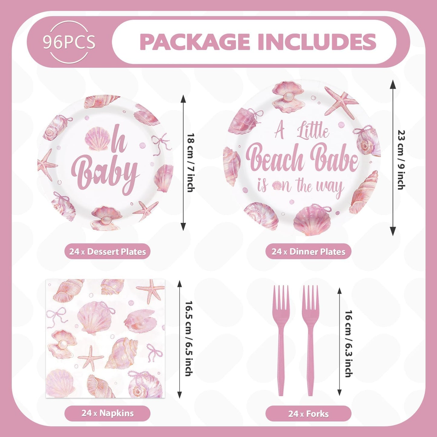 Greencian 96Pcs Under The Sea Party Supplies A Little Beach Babe Is On The Way Plates and Napkins Starfish Seashell Tableware Set for Girls Kids Under the Sea Baby Shower Party Decorations Serves 24