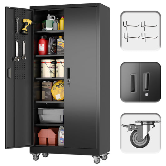 GangMei Metal Storage Cabinet with 5 Adjustable Shelves and Pegboard, 71" H×32" W×16" D Lockable Garage Storage Cabinet with Wheels for Garage, Home, Warehouse, Black, Assembly Required
