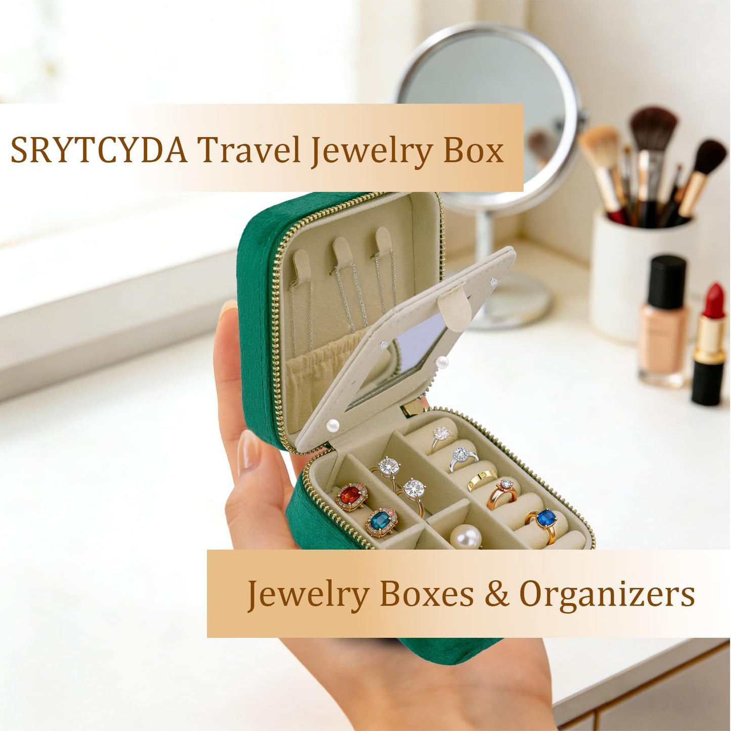 SRYTCYDA 4PC Travel Jewelry Box, 3.93" × 3.93" Portable Small Velvet Jewlery Organizers and Storage with Mirror, Travel Jewellery Case Gift for Women for Stud Earrings, Rings, Necklaces (Dark green)