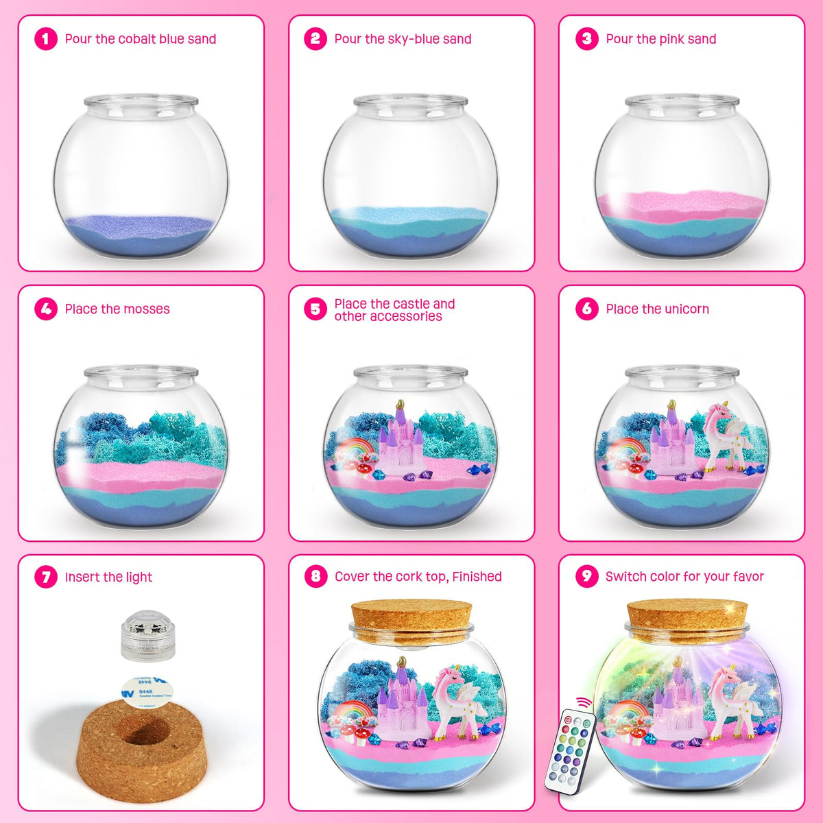 LAOESE Unicorn Light-Up Terrarium Kit for Kids – LED Night Light DIY Arts and Crafts Kit, Unicorn Toys for Girls Ages 4 5 6 7 8-12 – Birthday Gifts for Girls