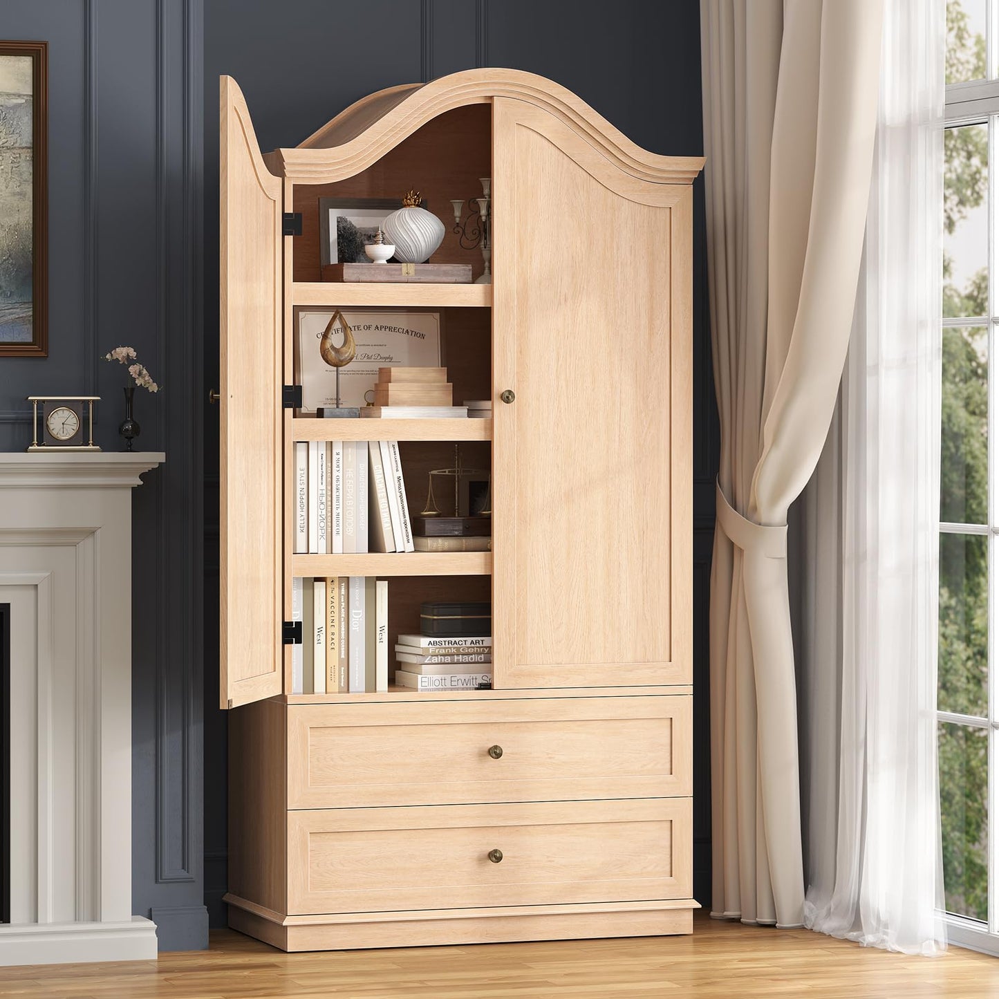ANGRYWIN 70.9" Tall Kitchen Pantry Cabinet with 4 Shelves & 2 Large Drawers, Farmhouse Kitchen Cabinet, Versatile Pantry Storage Cabinet for Kitchen, Dining Room, Natural