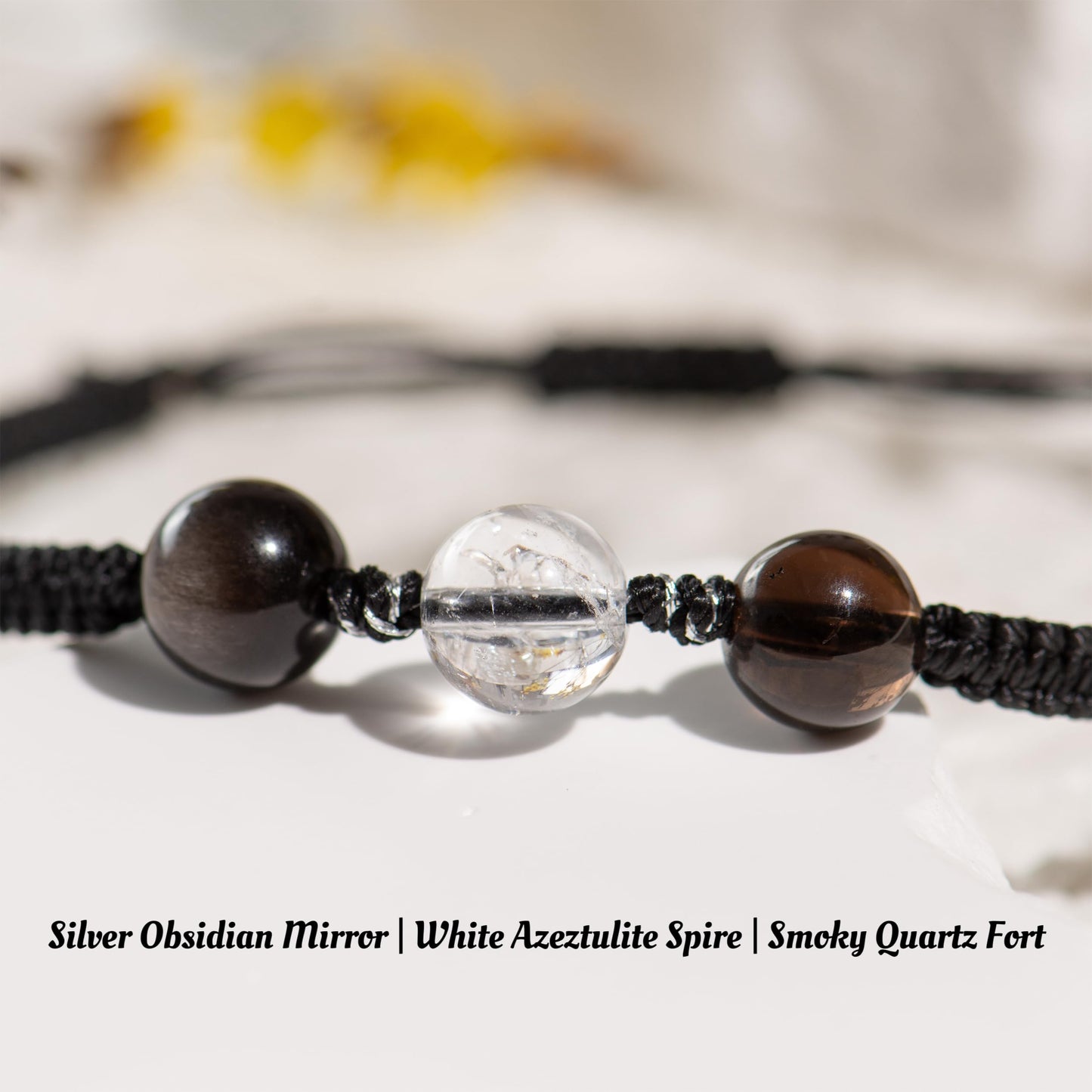 AuraKnots Protection Bracelet, Crystal Bracelets with Genuine Gemstones for Aura Protection & Grounding, Hand-Knotted with Smoky Quartz, White Azeztulite & Silver Obsidian, Adjustable for Women & Men