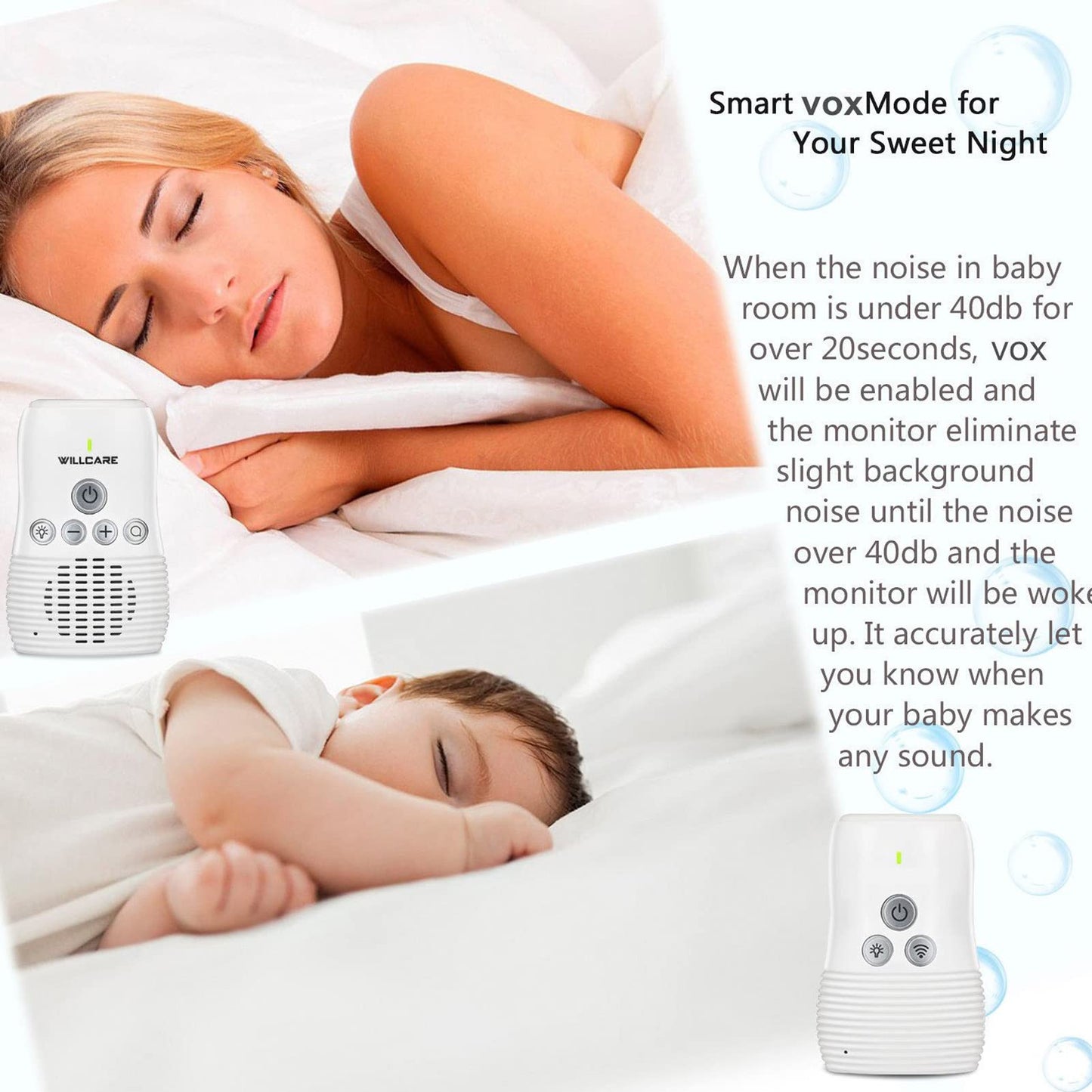 Audio Baby Monitor, 2.4G Audio Baby Monitor, Two Way Intercom Baby Care Monitor with Night Light Digital , Crystal Clear Sound, Plug & Play Sound Indicator &