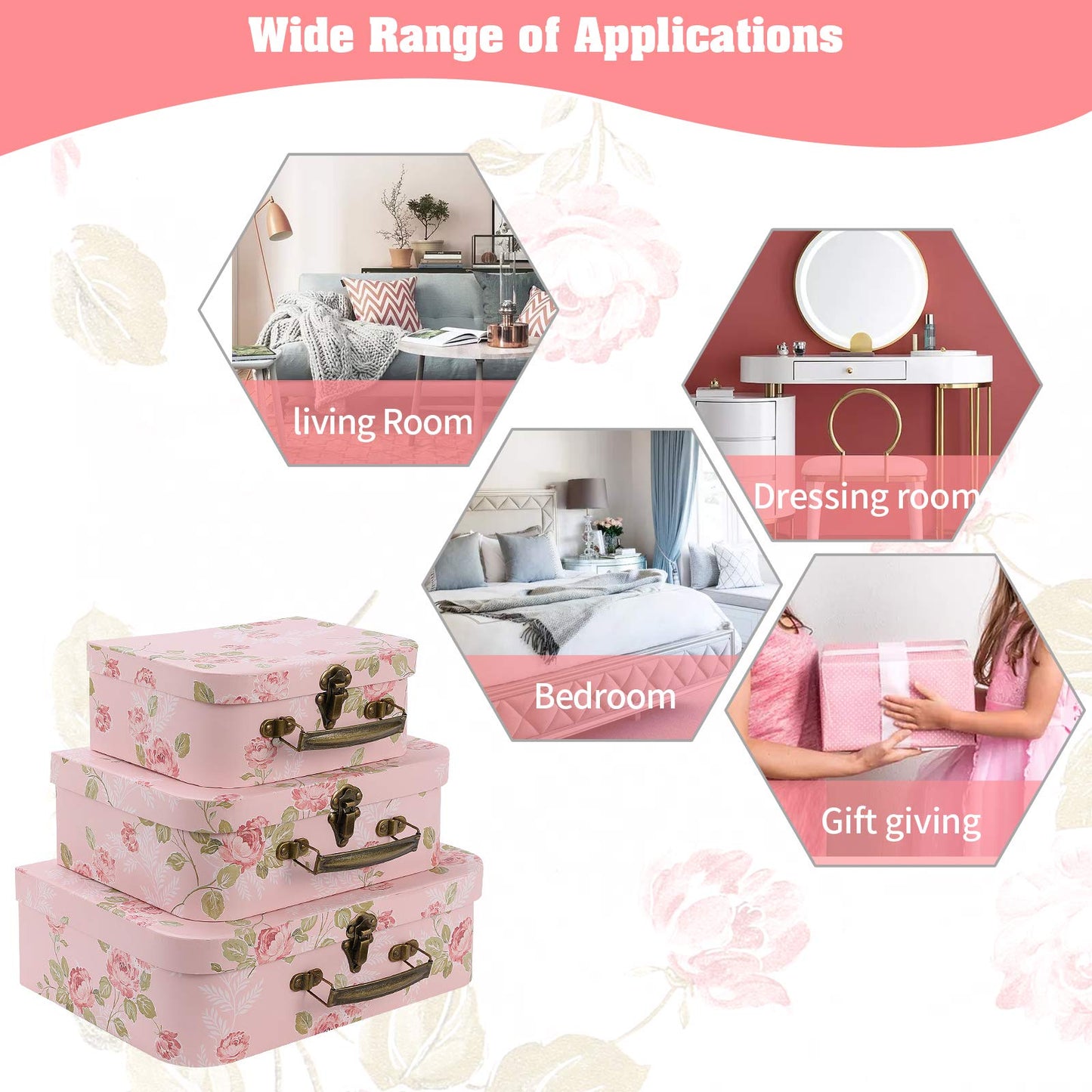 Anndason Set of 3 Paperboard Suitcases Storage Box Storage Gift Boxes With Lids for Photo Storage Home Decoration, Wedding, Birthday, Anniversary and New Year Gift Decoration (3Pcs, Pink Flowers)